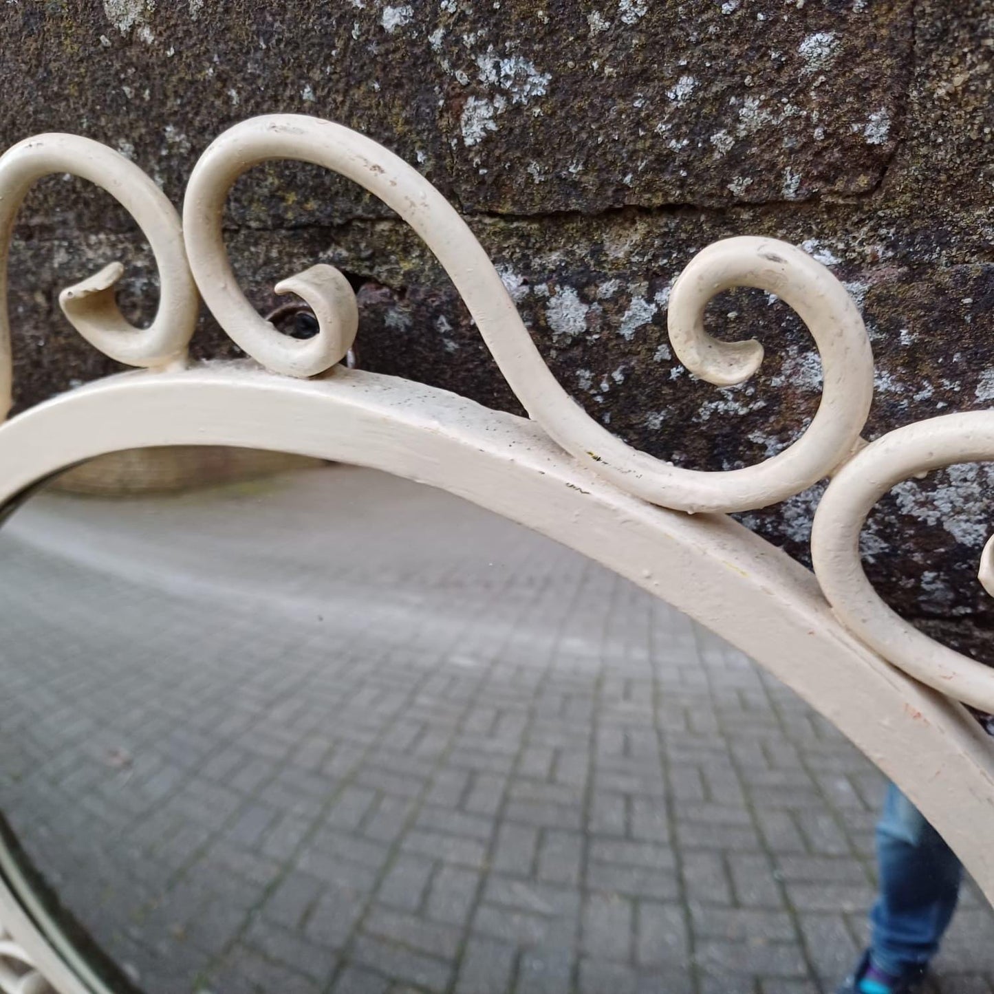 Vintage scrollwork round mirror with chain hanger and original wooden back - mid-century, French provincial revival - small wall mirror