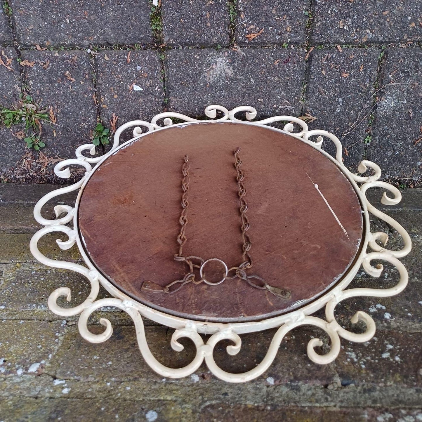 Vintage scrollwork round mirror with chain hanger and original wooden back - mid-century, French provincial revival - small wall mirror