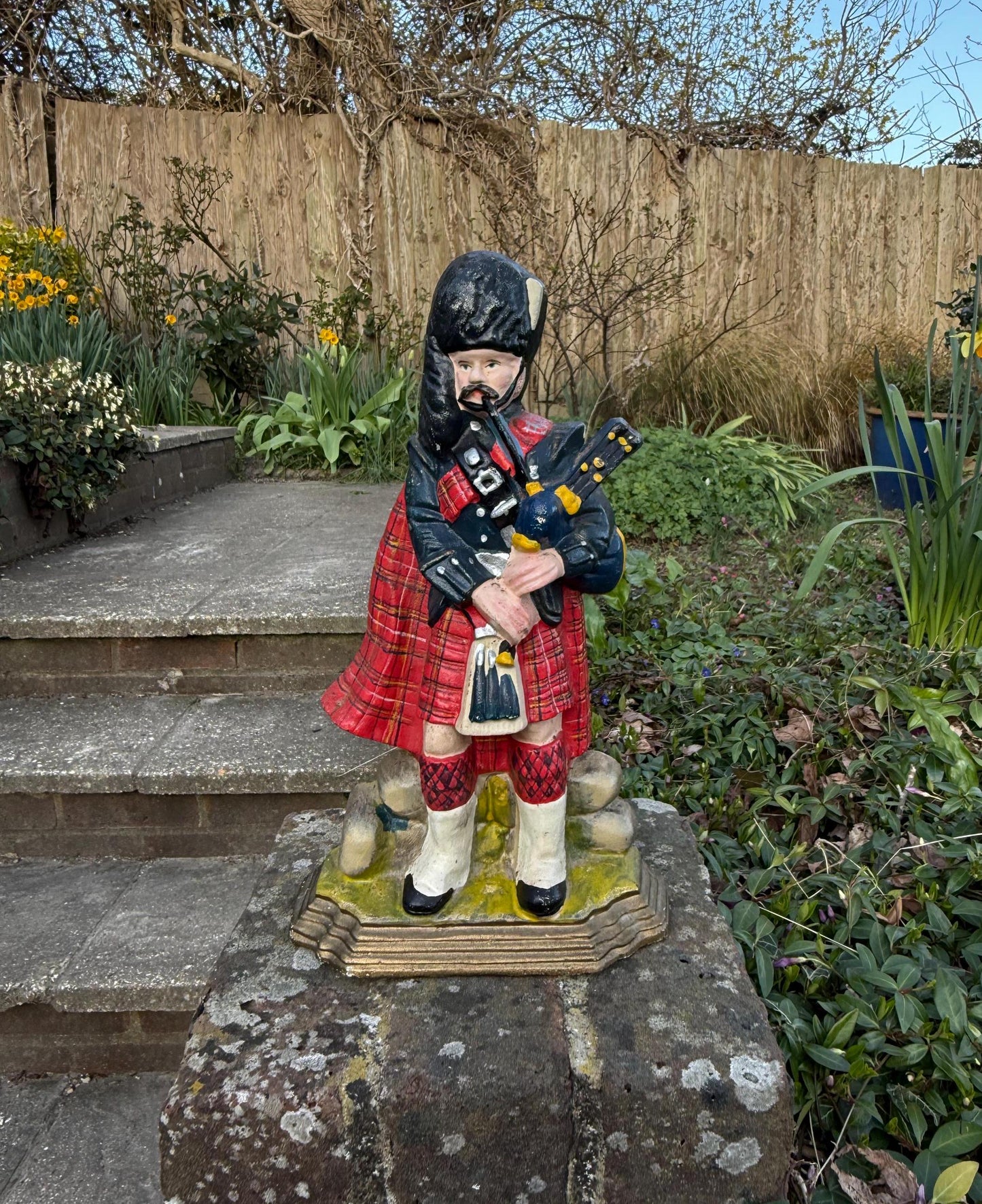 solid cast iron door stop, mid century. Highland Piper cast iron door stop. Scottish Piper cast iron figure