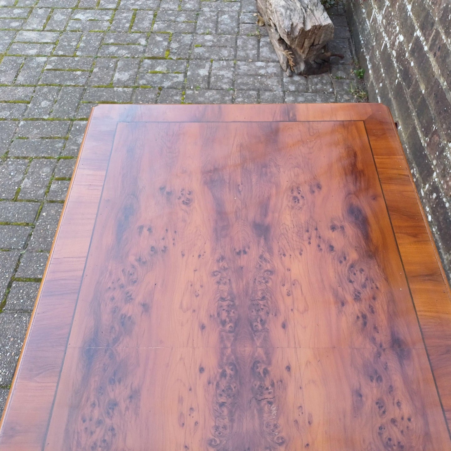 Vintage Queen Anne Style Side Dressing Table Desk Table Burr Yew Wood – Elegant Cabriole Legs, 3 Drawers, Brass Handles FREE HAND Delivery