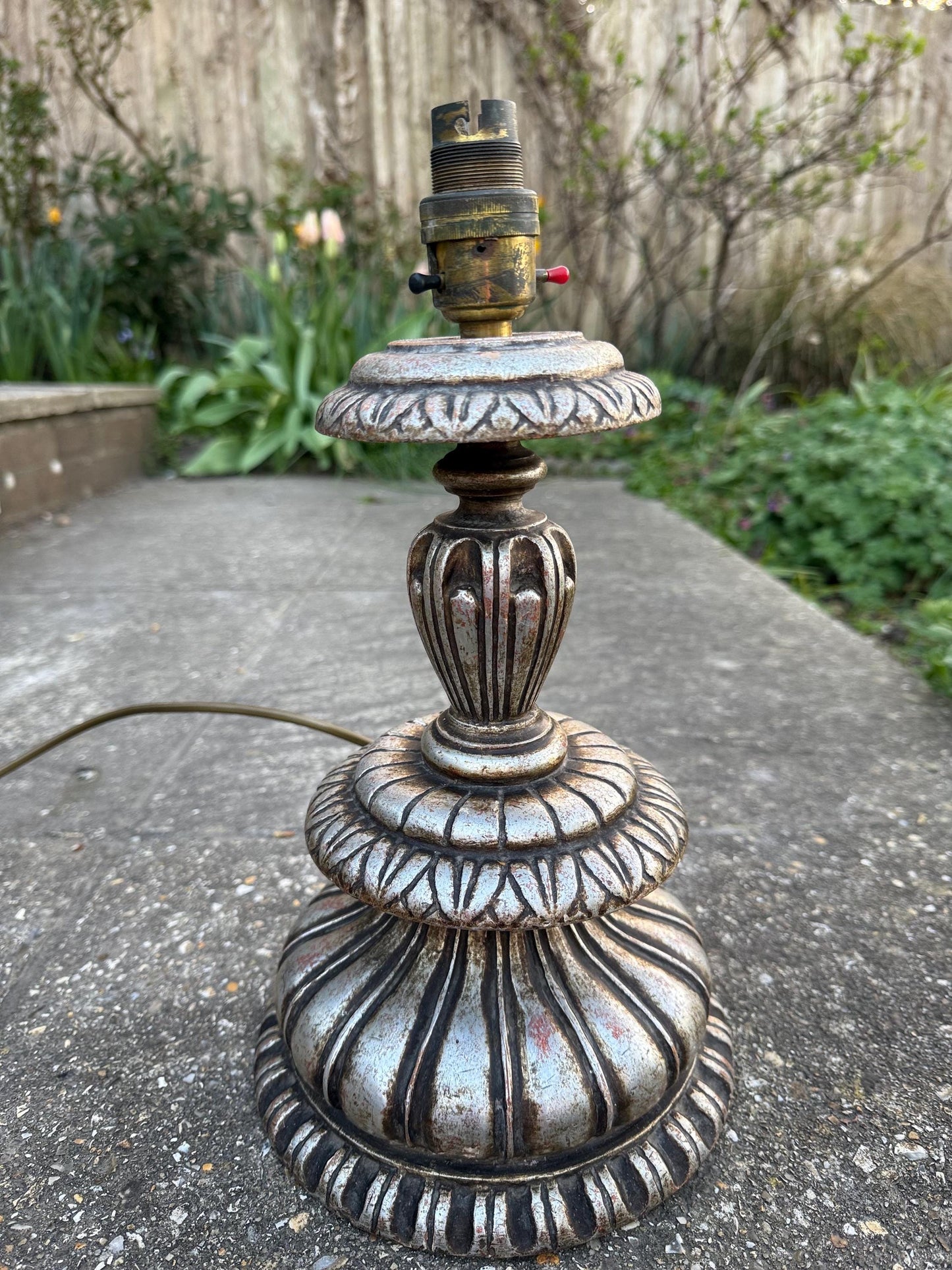 Rare Baroque Style Vintage Large Silver Table Lamp - 1960s/70s retro wooden painted lamp, neo classical table lamp, working, tested