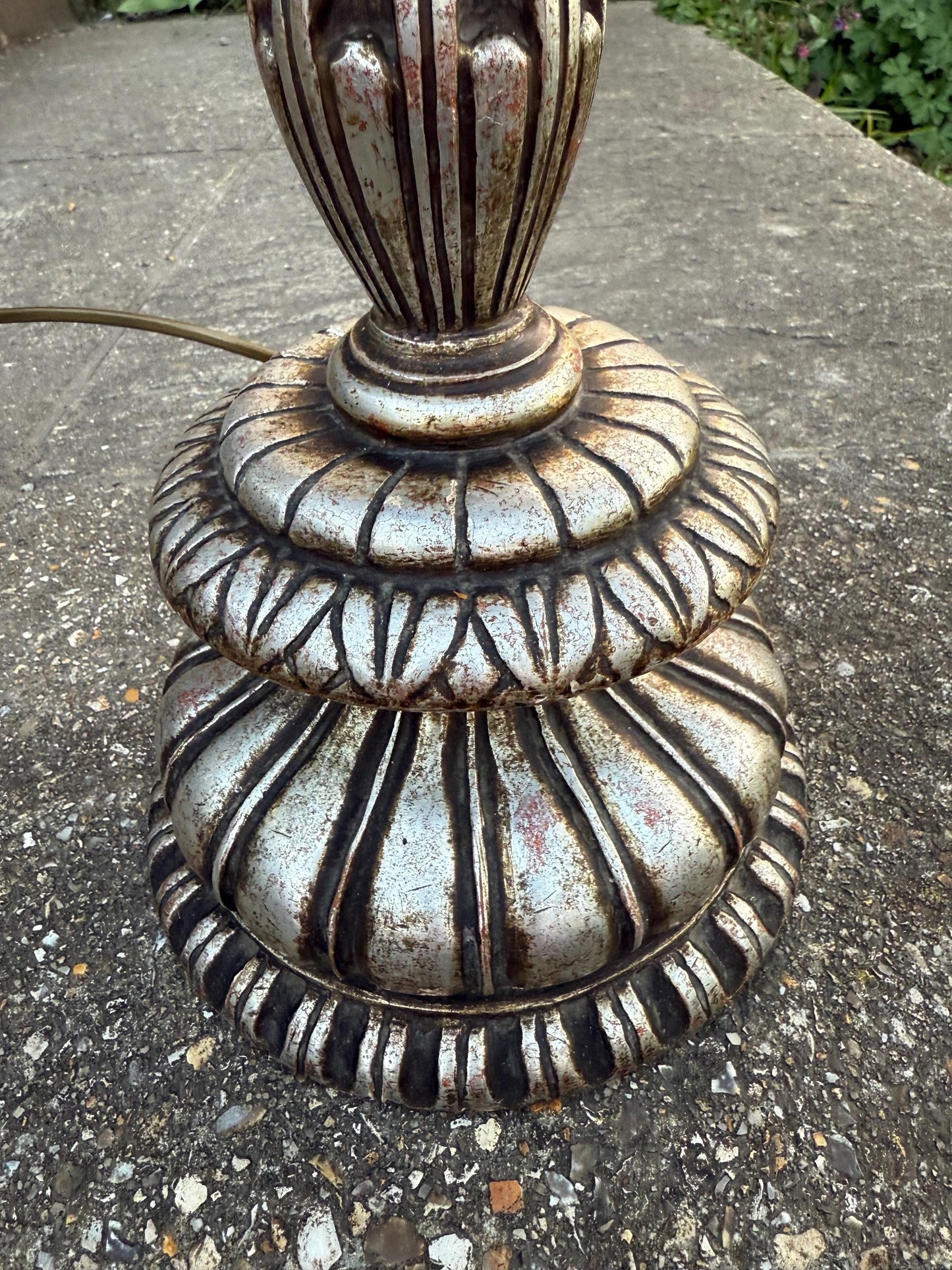 Rare Baroque Style Vintage Large Silver Table Lamp - 1960s/70s retro wooden painted lamp, neo classical table lamp, working, tested