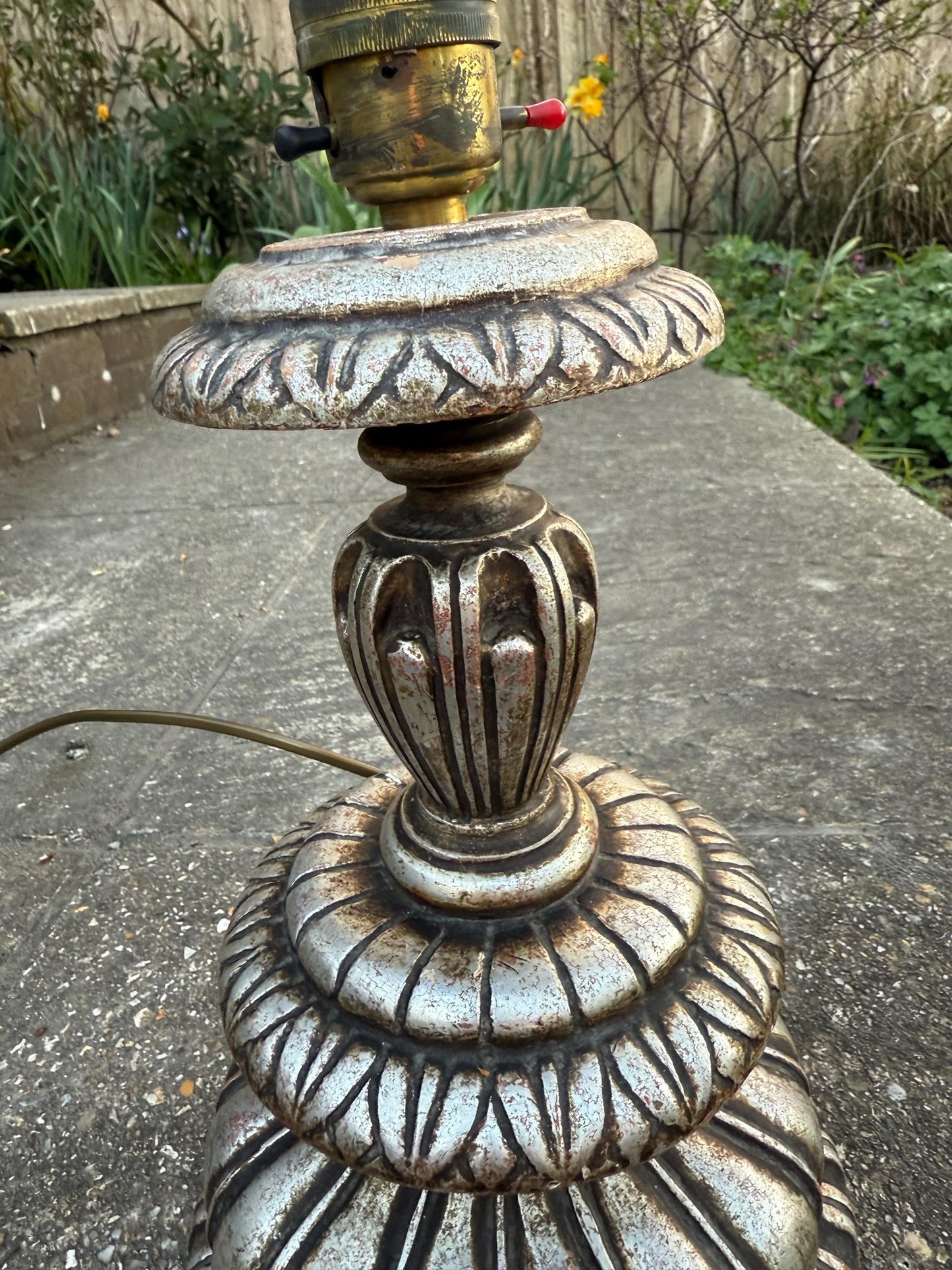 Rare Baroque Style Vintage Large Silver Table Lamp - 1960s/70s retro wooden painted lamp, neo classical table lamp, working, tested