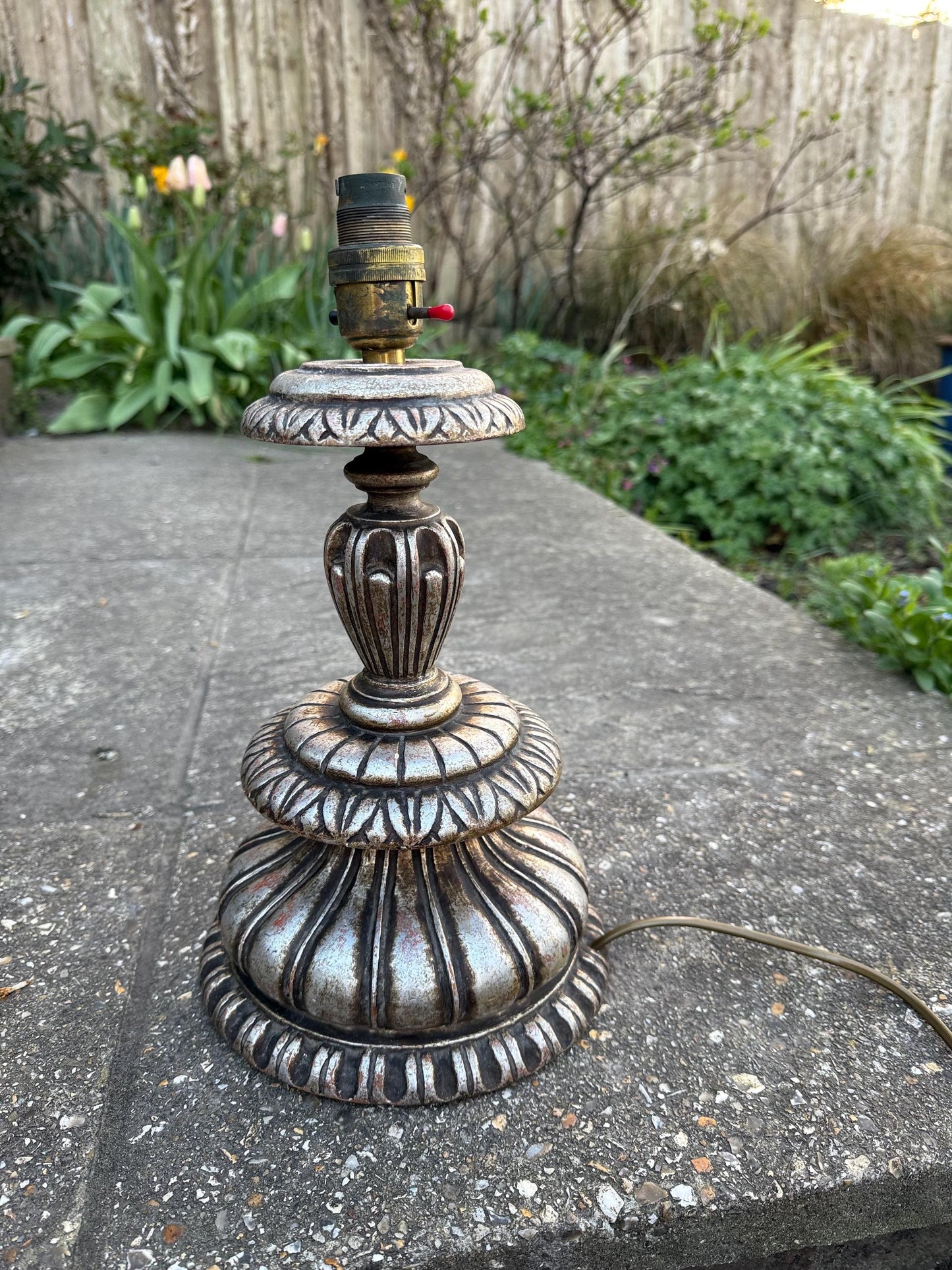Rare Baroque Style Vintage Large Silver Table Lamp - 1960s/70s retro wooden painted lamp, neo classical table lamp, working, tested