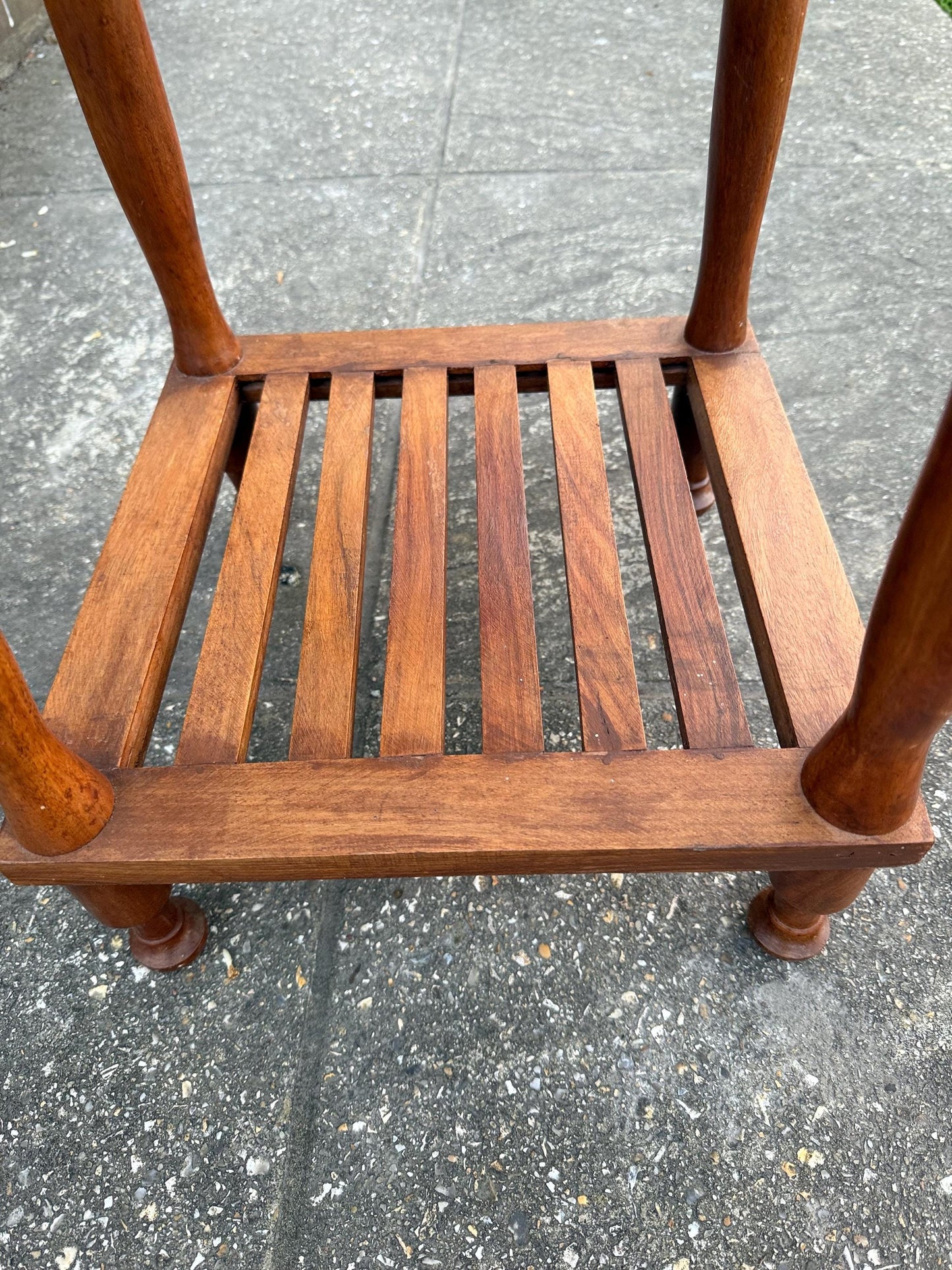 Vintage carved table, lamp table, coffee table, plant stand – carved and slatted two tiered table with finials, Asian table