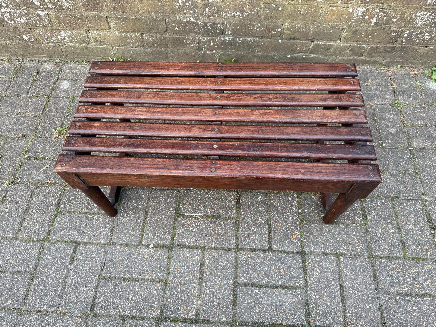 1900s solid oak bench, wooden luggage rack, shoe rack, antique bench