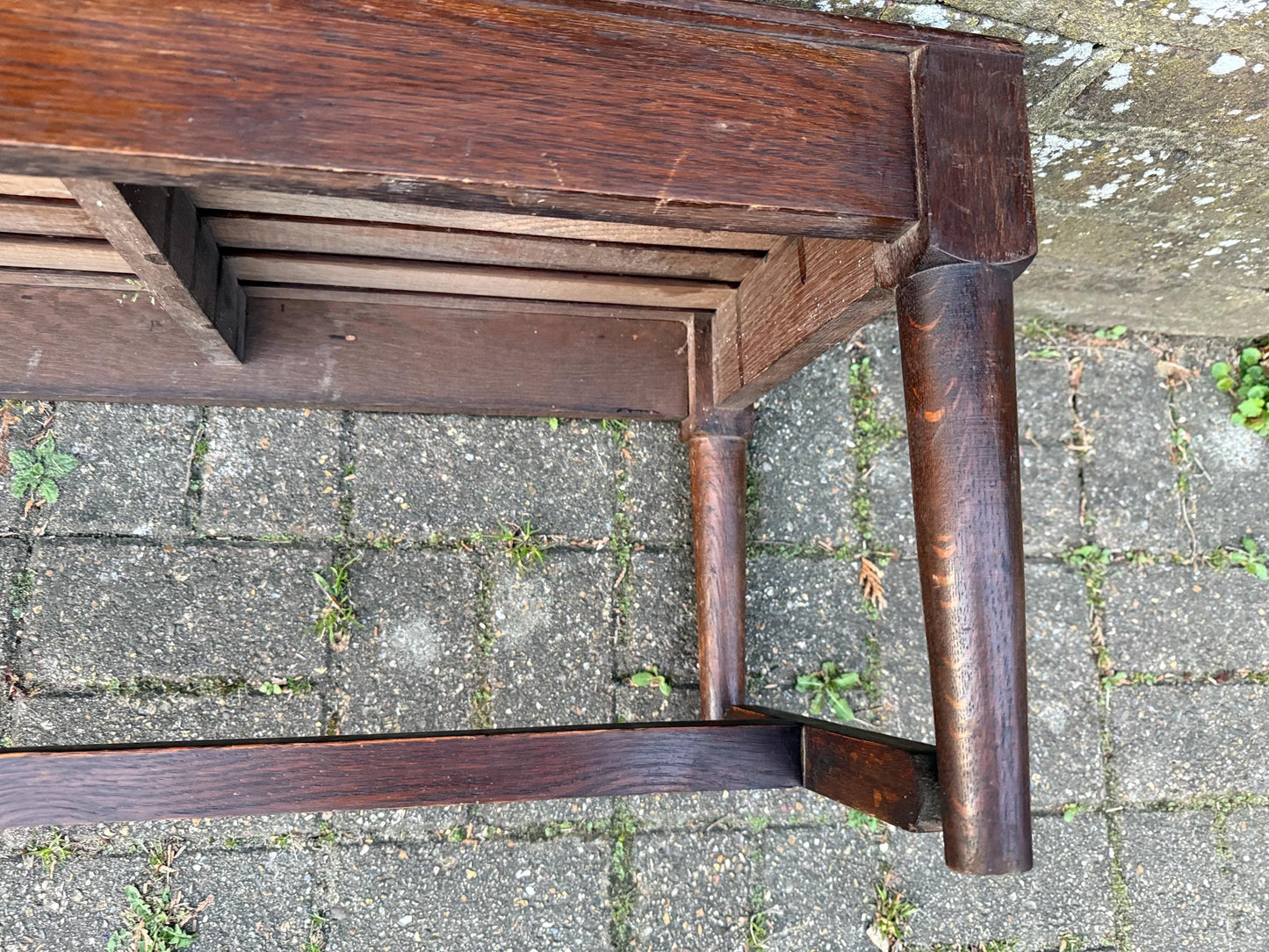 1900s solid oak bench, wooden luggage rack, shoe rack, antique bench