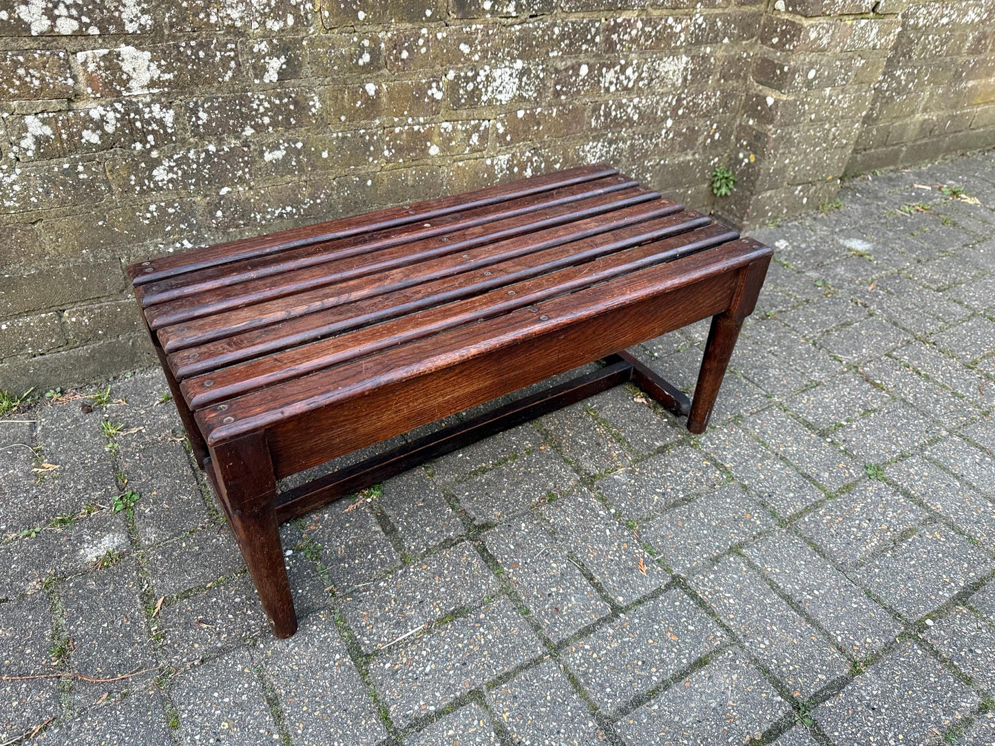 1900s solid oak bench, wooden luggage rack, shoe rack, antique bench