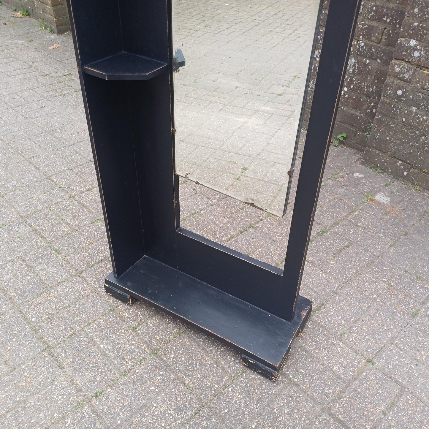 1920s Art Deco Oak Cheval Mirror Side Shelves Freestanding Distressed Black Finish Vintage Full Length Tilting Mirror FREE HAND Delivery