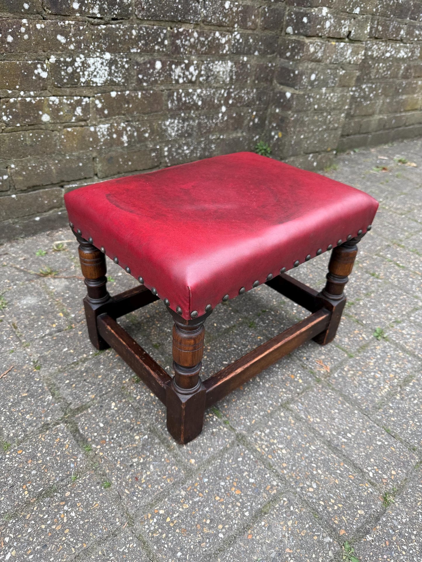 Vintage solid oak mid-century leather stool, vintage 1950s foot stool, mid century footstool