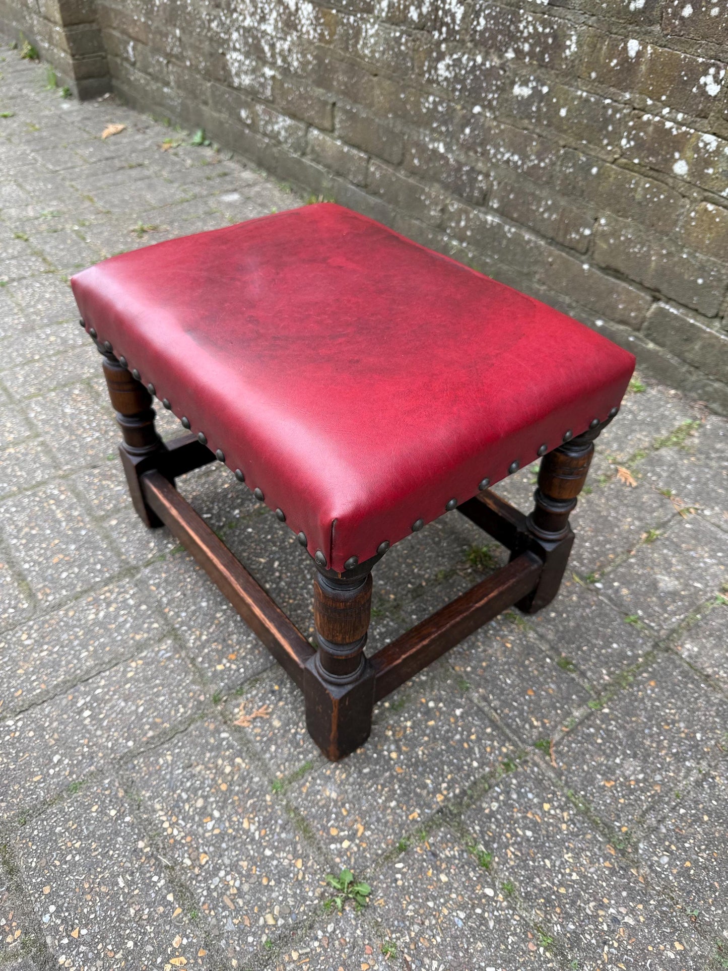 Vintage solid oak mid-century leather stool, vintage 1950s foot stool, mid century footstool