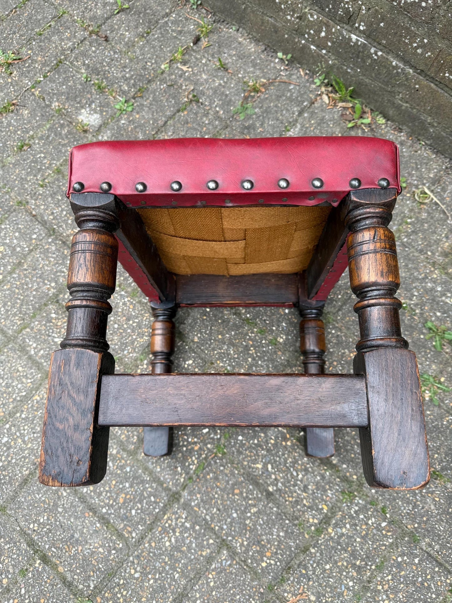 Vintage solid oak mid-century leather stool, vintage 1950s foot stool, mid century footstool