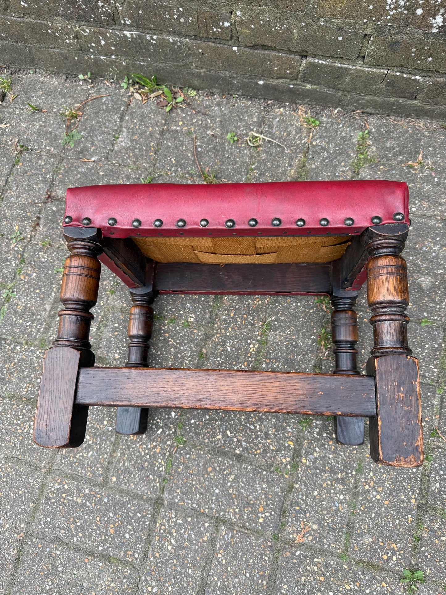 Vintage solid oak mid-century leather stool, vintage 1950s foot stool, mid century footstool