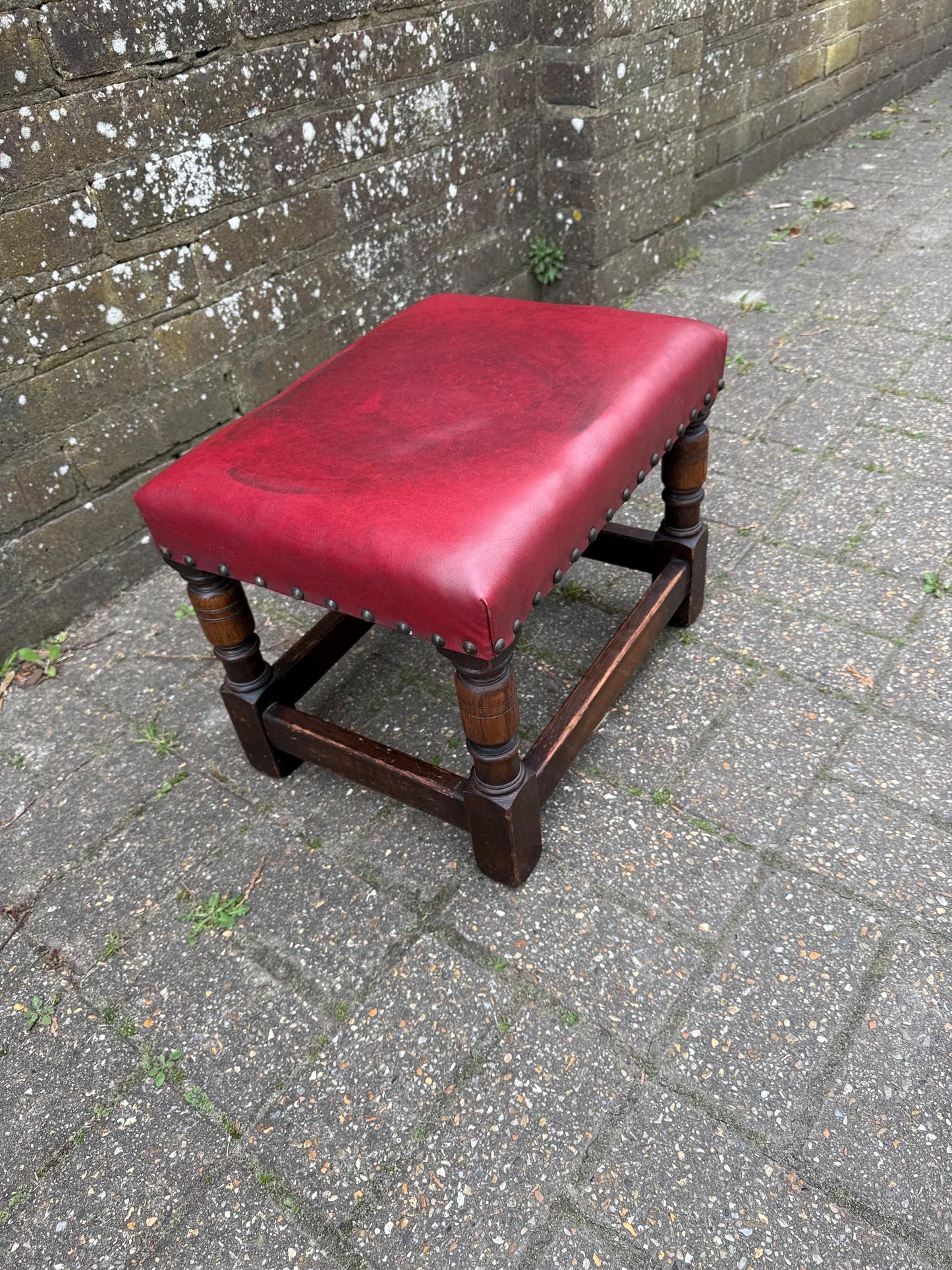 Vintage solid oak mid-century leather stool, vintage 1950s foot stool, mid century footstool