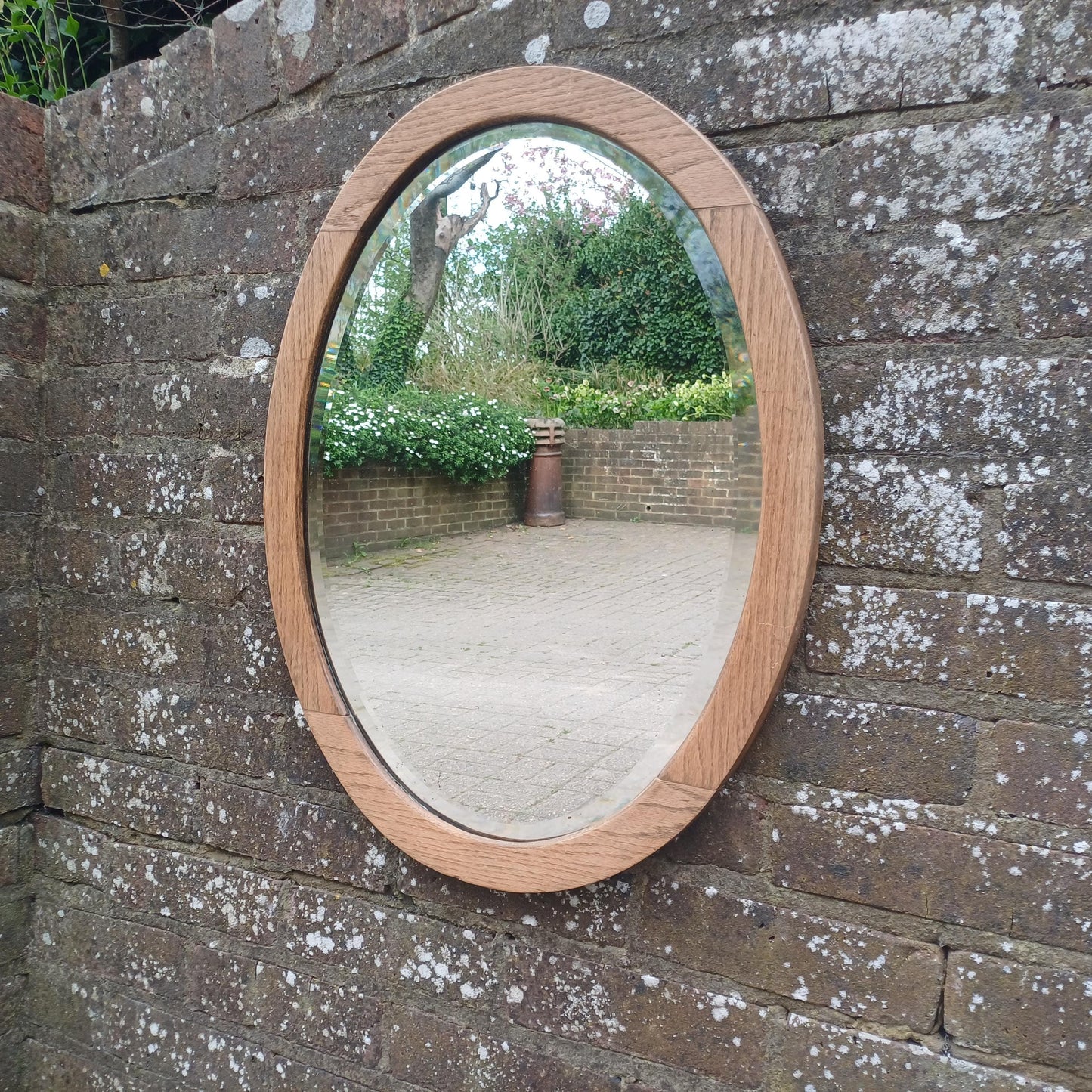 Beautiful Quality Large Vintage Stripped 1920s Solid Oak Oval Wall Mirror with Bevelled Glass