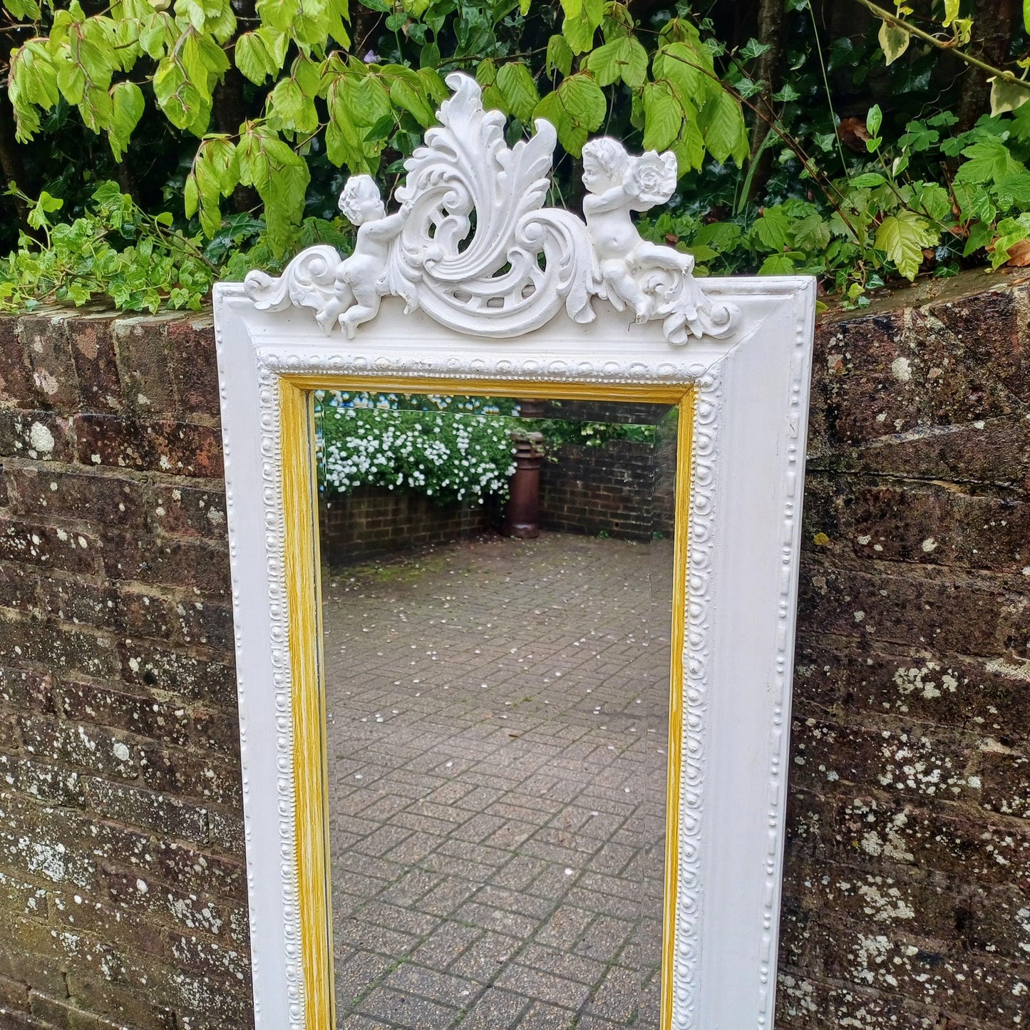 Tall Hand Painted Ornate Wall Mirror with Cherub Detail Vintage White & Gold Rococo Style Full-Length Shabby Chic Mirror FREE HAND Delivery