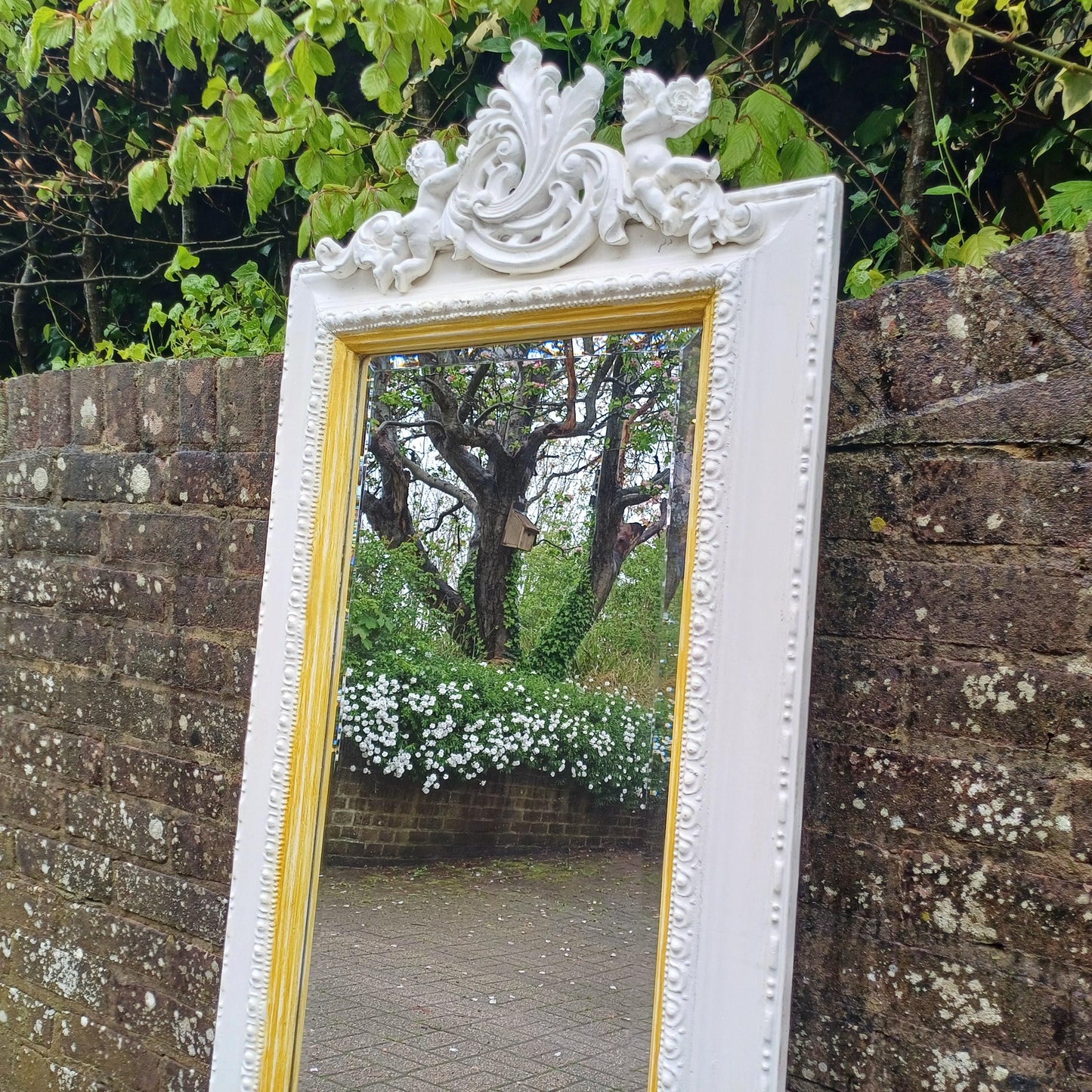 Tall Hand Painted Ornate Wall Mirror with Cherub Detail Vintage White & Gold Rococo Style Full-Length Shabby Chic Mirror FREE HAND Delivery
