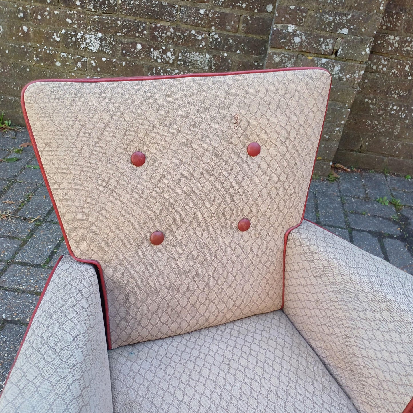 Quirky Retro Mid-Century Modern Wingback Armchair Red & Cream Vinyl Upholstery, Wooden Legs