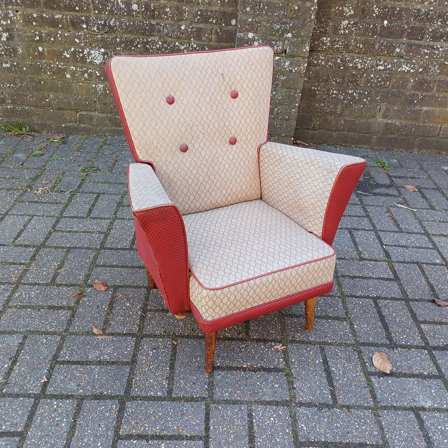 Quirky Retro Mid-Century Modern Wingback Armchair Red & Cream Vinyl Upholstery, Wooden Legs