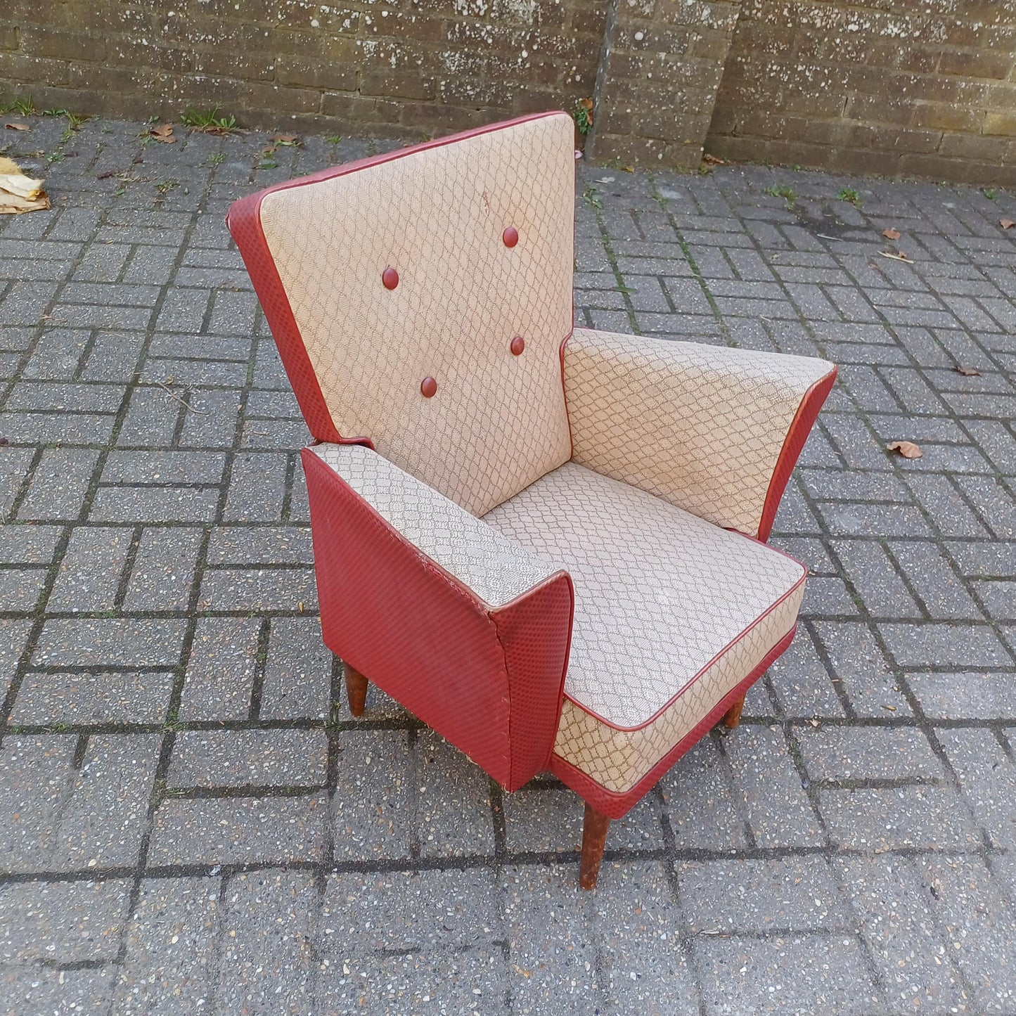 Quirky Retro Mid-Century Modern Wingback Armchair Red & Cream Vinyl Upholstery, Wooden Legs