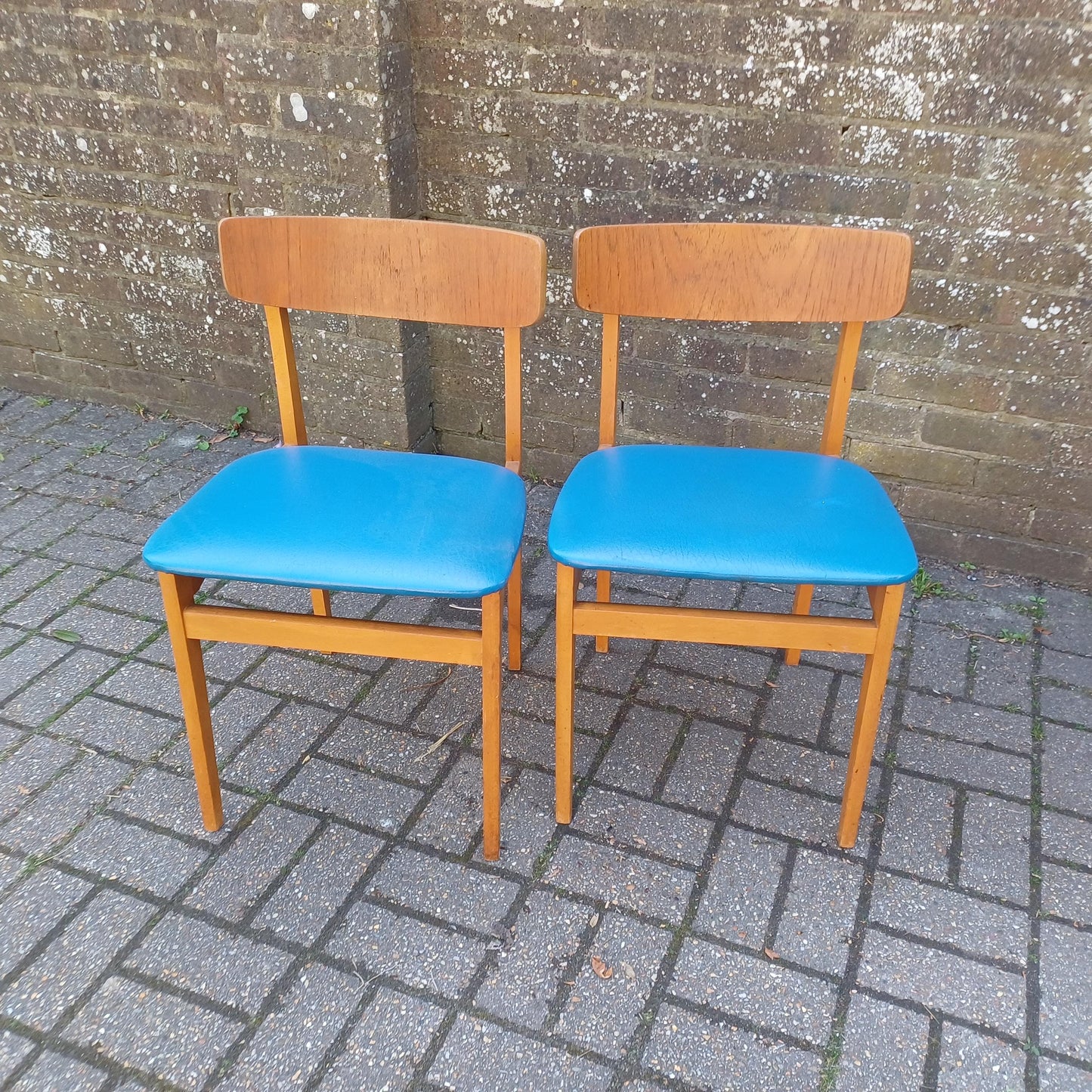 Pair of Mid-Century Modern Retro Dining Chairs Solid Wood Frames with Blue Vinyl Seats