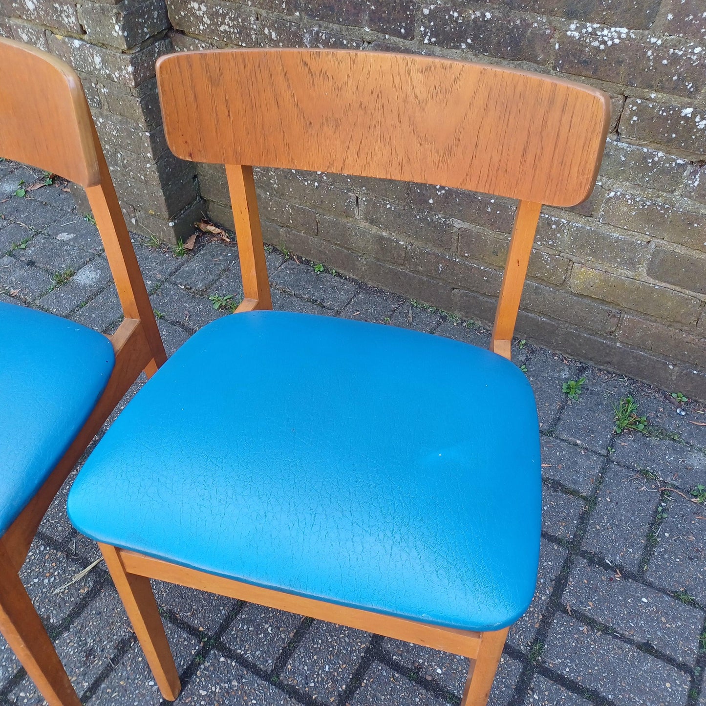 Pair of Mid-Century Modern Retro Dining Chairs Solid Wood Frames with Blue Vinyl Seats