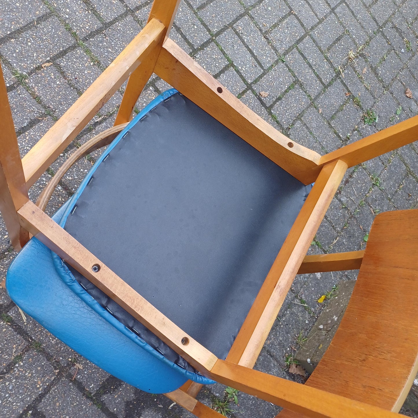 Pair of Mid-Century Modern Retro Dining Chairs Solid Wood Frames with Blue Vinyl Seats