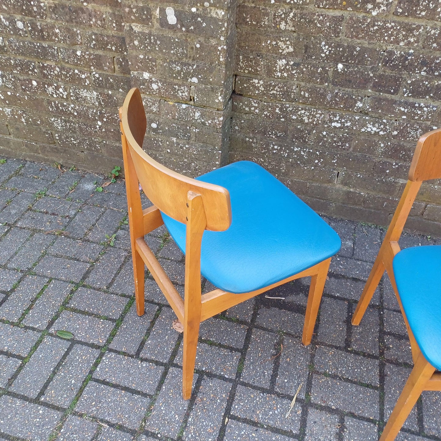 Pair of Mid-Century Modern Retro Dining Chairs Solid Wood Frames with Blue Vinyl Seats