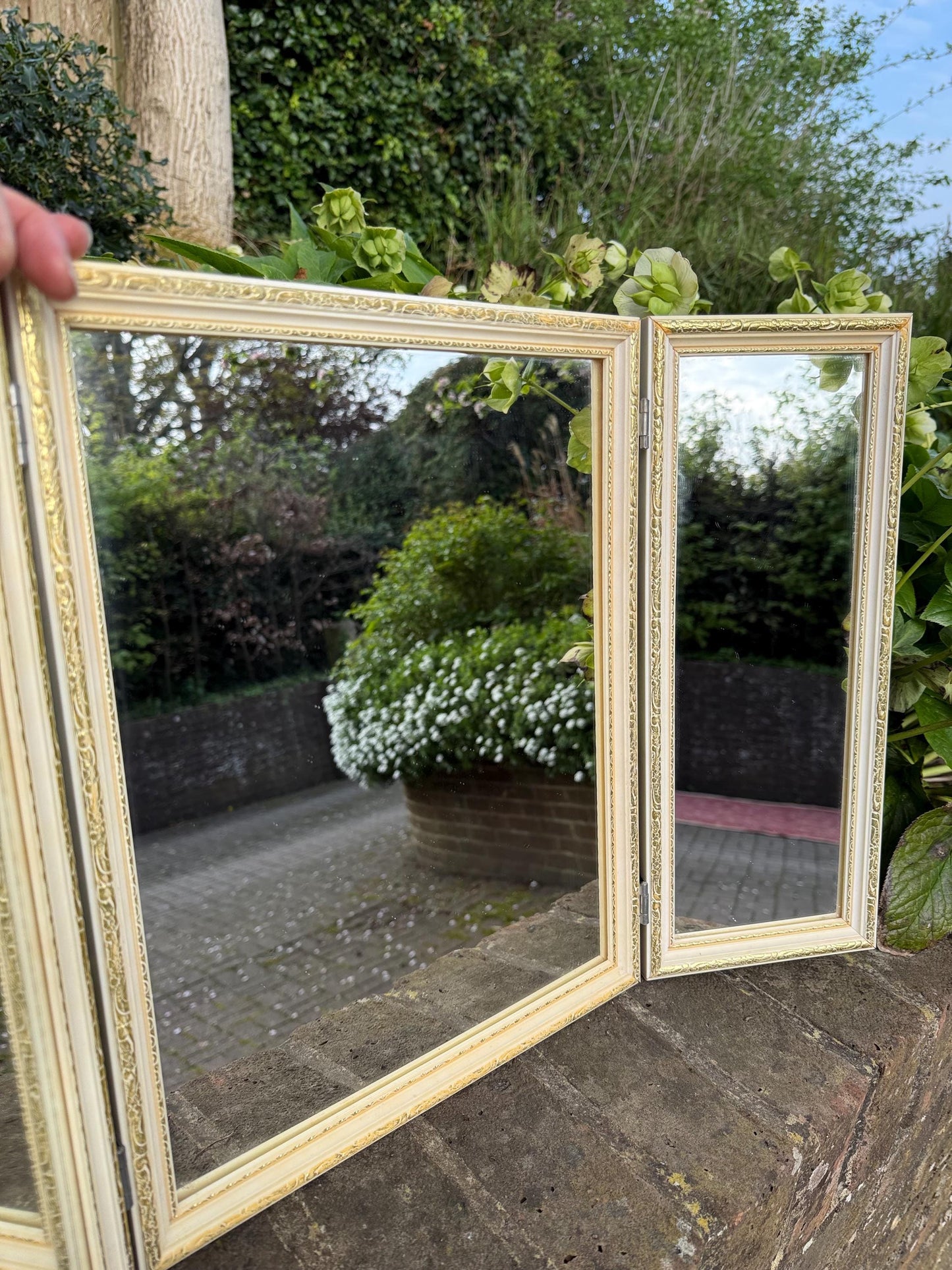 Retro vintage triple mirror, vintage dressing table mirror, cream and gold bedroom vanity mirror
