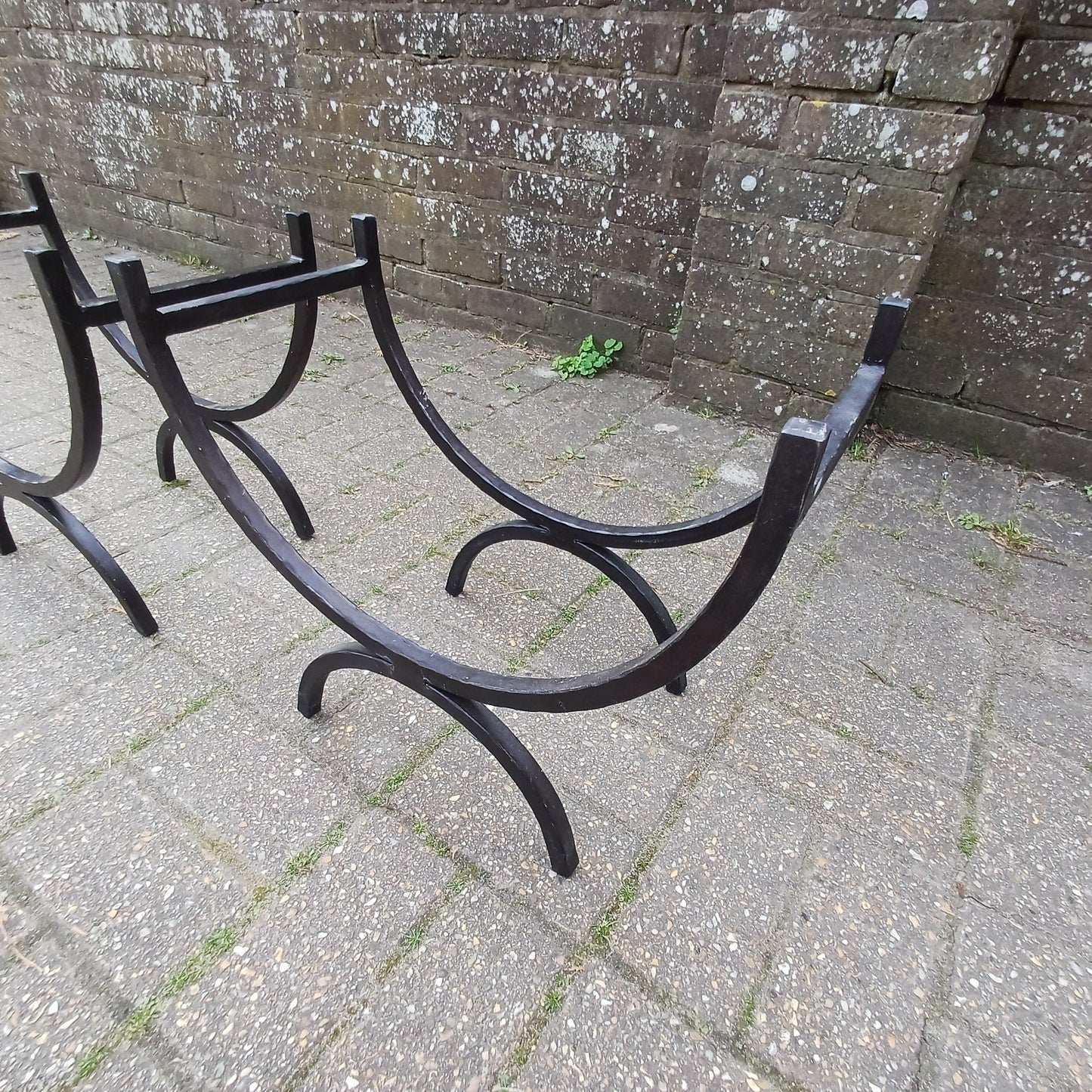 Pair of Vintage Iron Log Holders 1980s 1990s Black Hand Forged Wrought Iron Fireplace Wood Storage Rustic Industrial Style