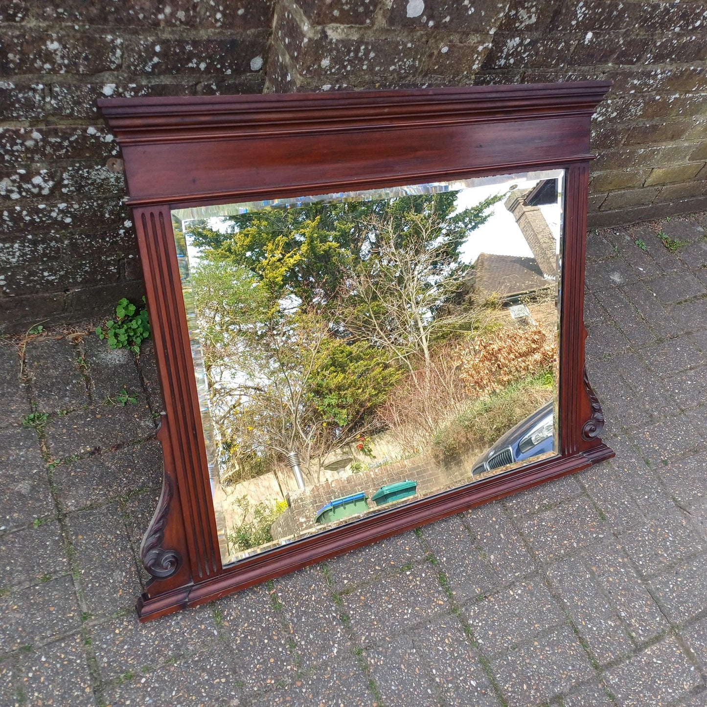 Large Antique Overmantel Mirror Victorian Late 19th Century Bevelled Glass Walnut or Mahogany Fluted Columns Acanthus Carving FREE DELIVERY