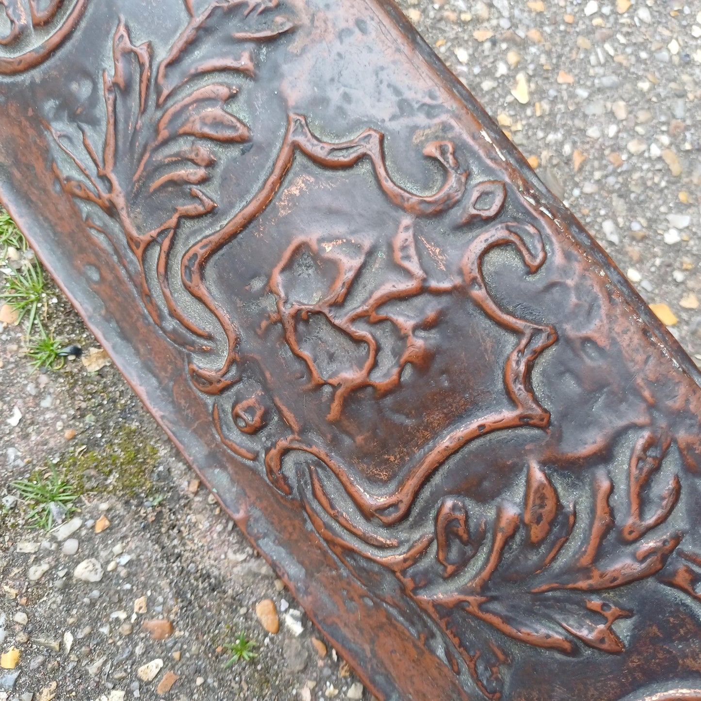 Antique Copper and Wood Fire Surround Panel Embossed Arts and Crafts Fender with Verdigris Patina