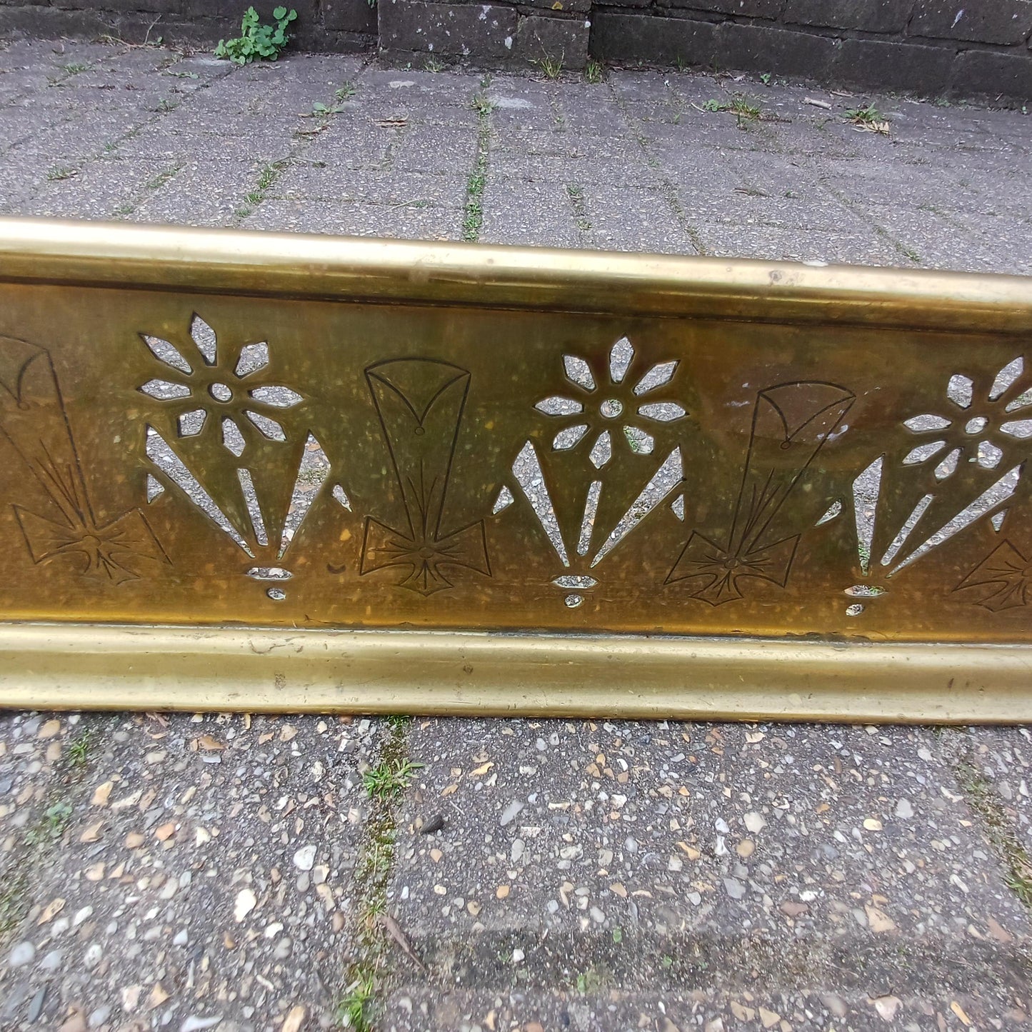 Antique Brass Fireplace Fender Victorian Gothic Art Nouveau Pierced Cross Star Motif Rolled Edge Patina Decorative Hearth Guard