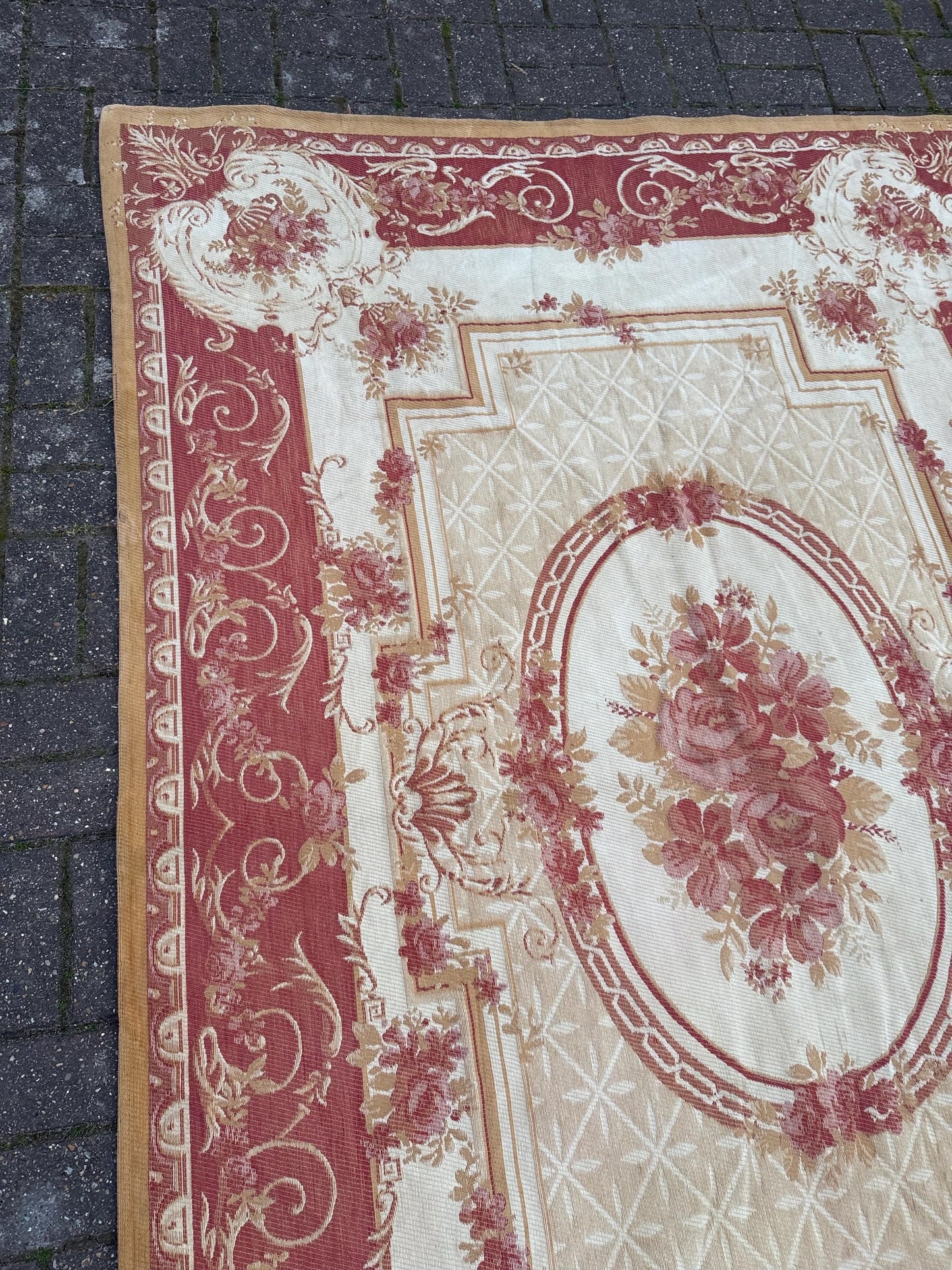 Large vintage Laura Ashley Aubusson indoor rug in wool and cotton mix - red, gold, beige, brown - 228cm x 156cm