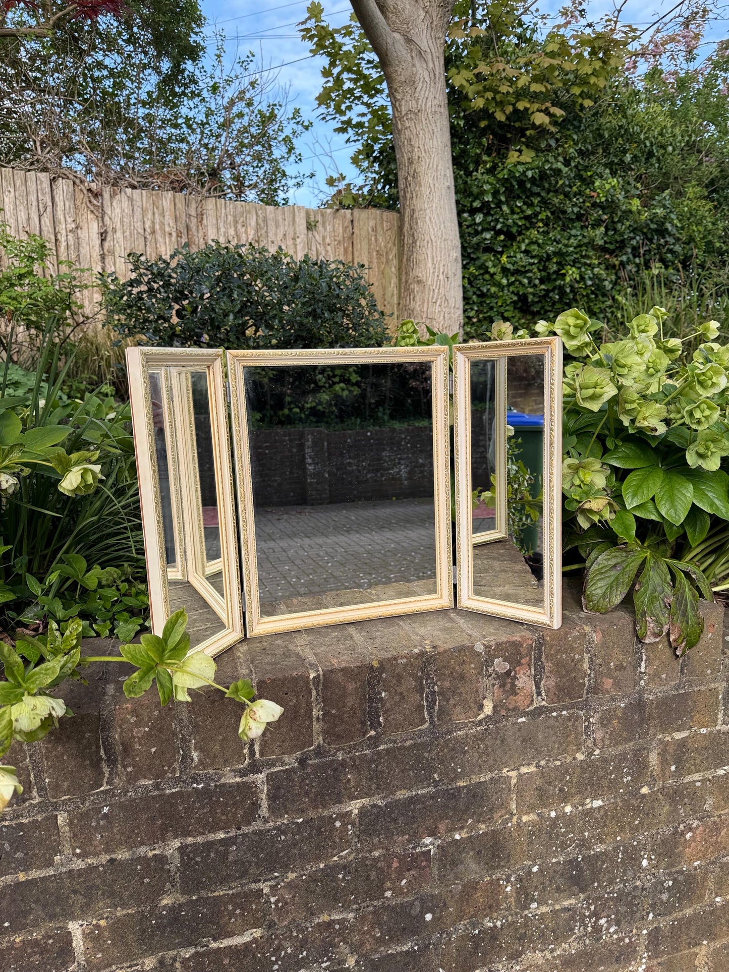 Retro vintage triple mirror, vintage dressing table mirror, cream and gold bedroom vanity mirror