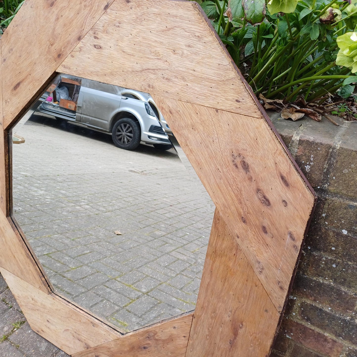 Large 1980s Upcycled Octagonal Mirror Stripped Plywood Frame with Bevelled Glass Rustic Vintage Industrial Wall Mirror FREE HAND Delivery