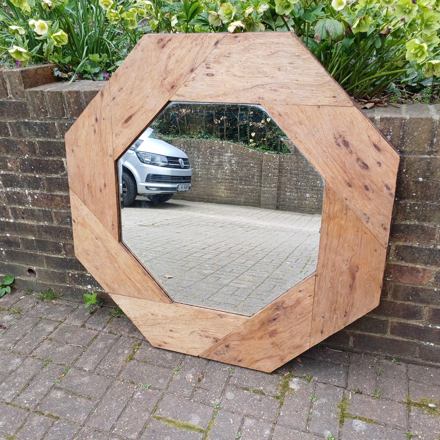 Large 1980s Upcycled Octagonal Mirror Stripped Plywood Frame with Bevelled Glass Rustic Vintage Industrial Wall Mirror FREE HAND Delivery