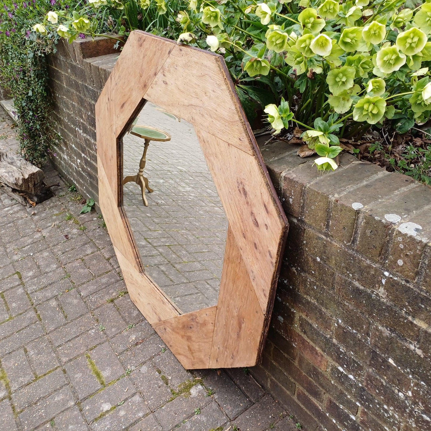 Large 1980s Upcycled Octagonal Mirror Stripped Plywood Frame with Bevelled Glass Rustic Vintage Industrial Wall Mirror FREE HAND Delivery