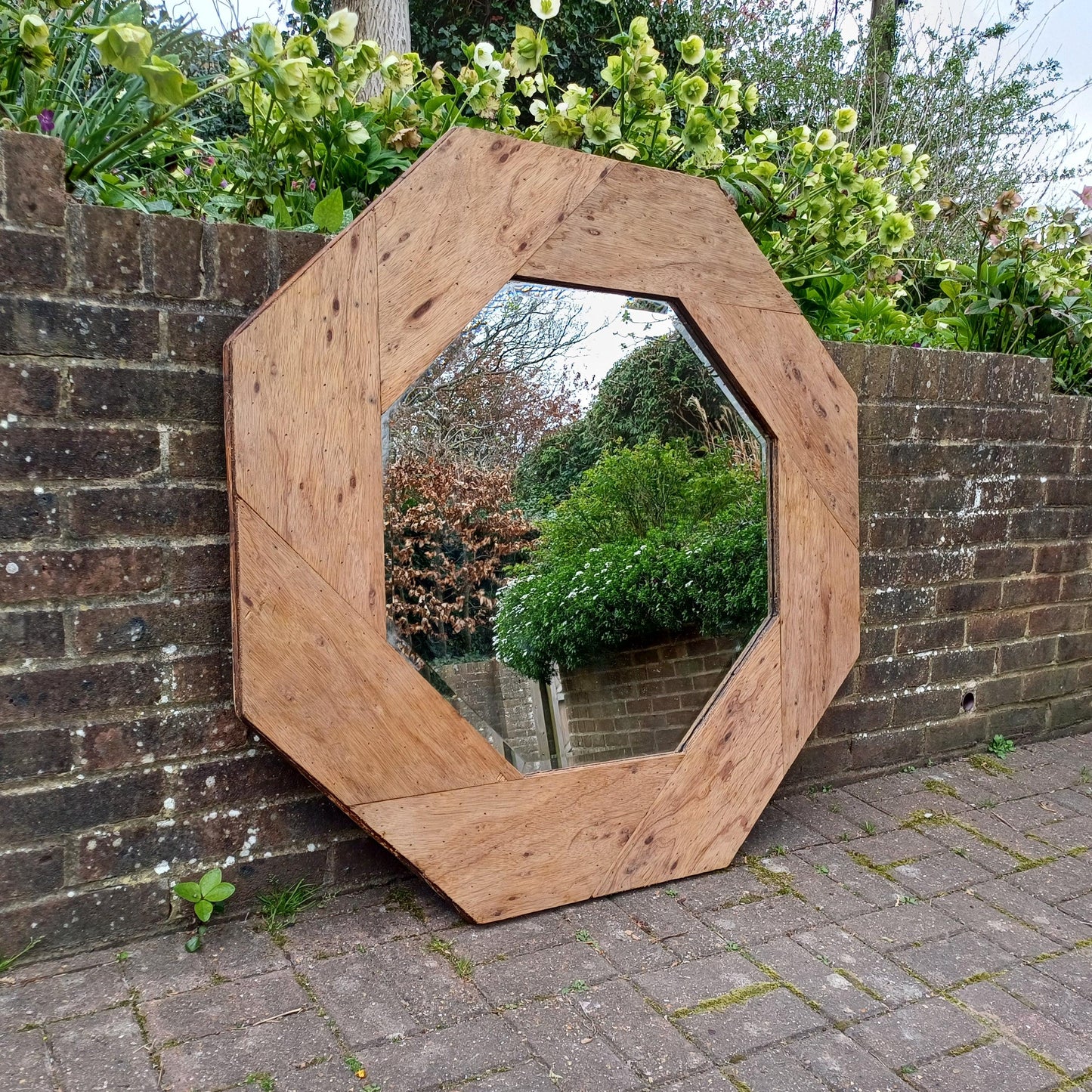 Large 1980s Upcycled Octagonal Mirror Stripped Plywood Frame with Bevelled Glass Rustic Vintage Industrial Wall Mirror FREE HAND Delivery
