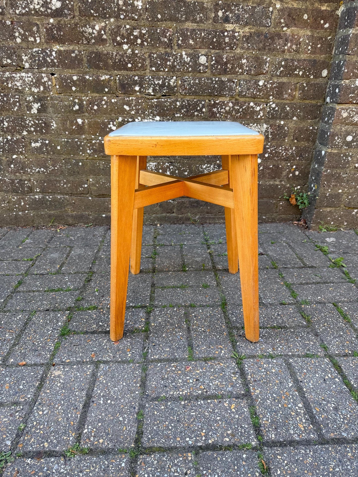 Mid-century Ben Chair Ltd beech stool with vinyl top - VGC - original early retro Scandi stool