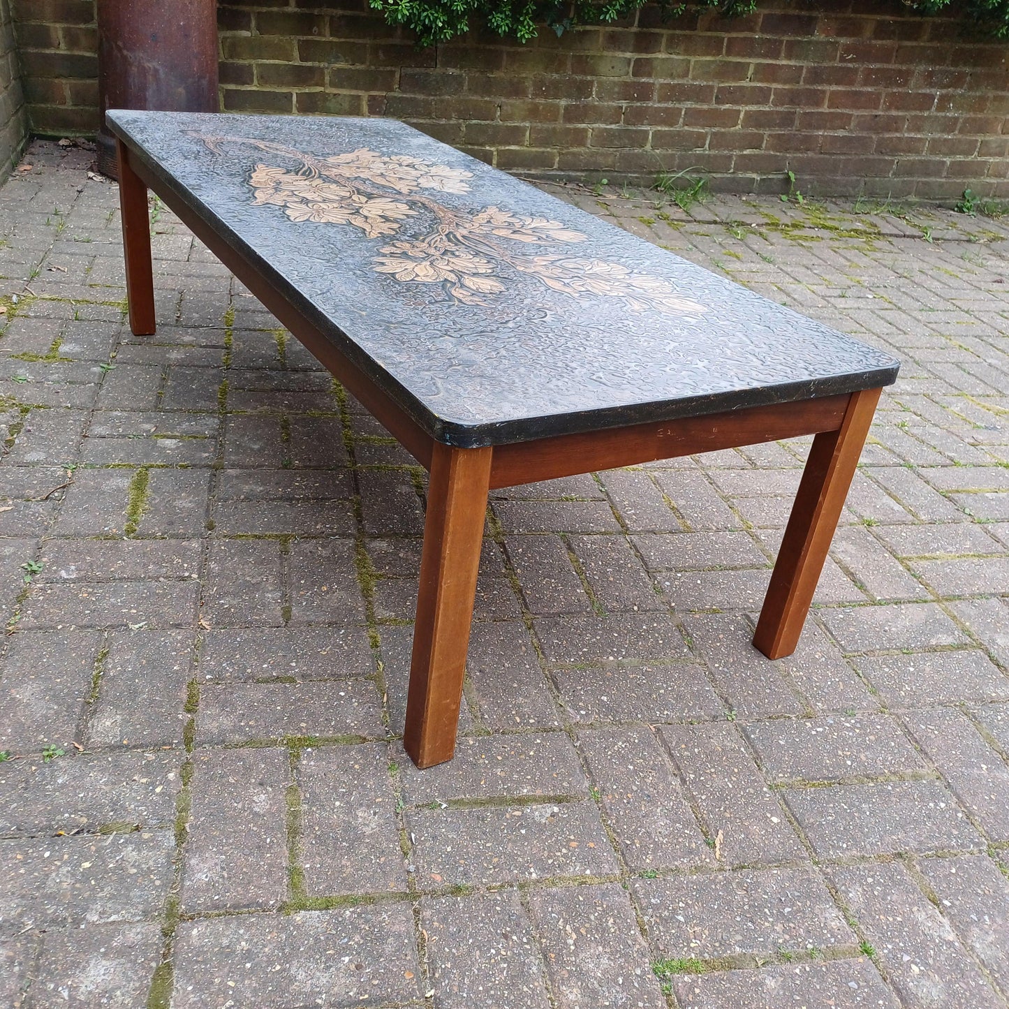 Huge Mid-Century Retro Sculpted Coffee Table 1970s Floral Relief Top Brutalist Art Nouveau Style Gold Bronze Resin FREE HAND Delivery