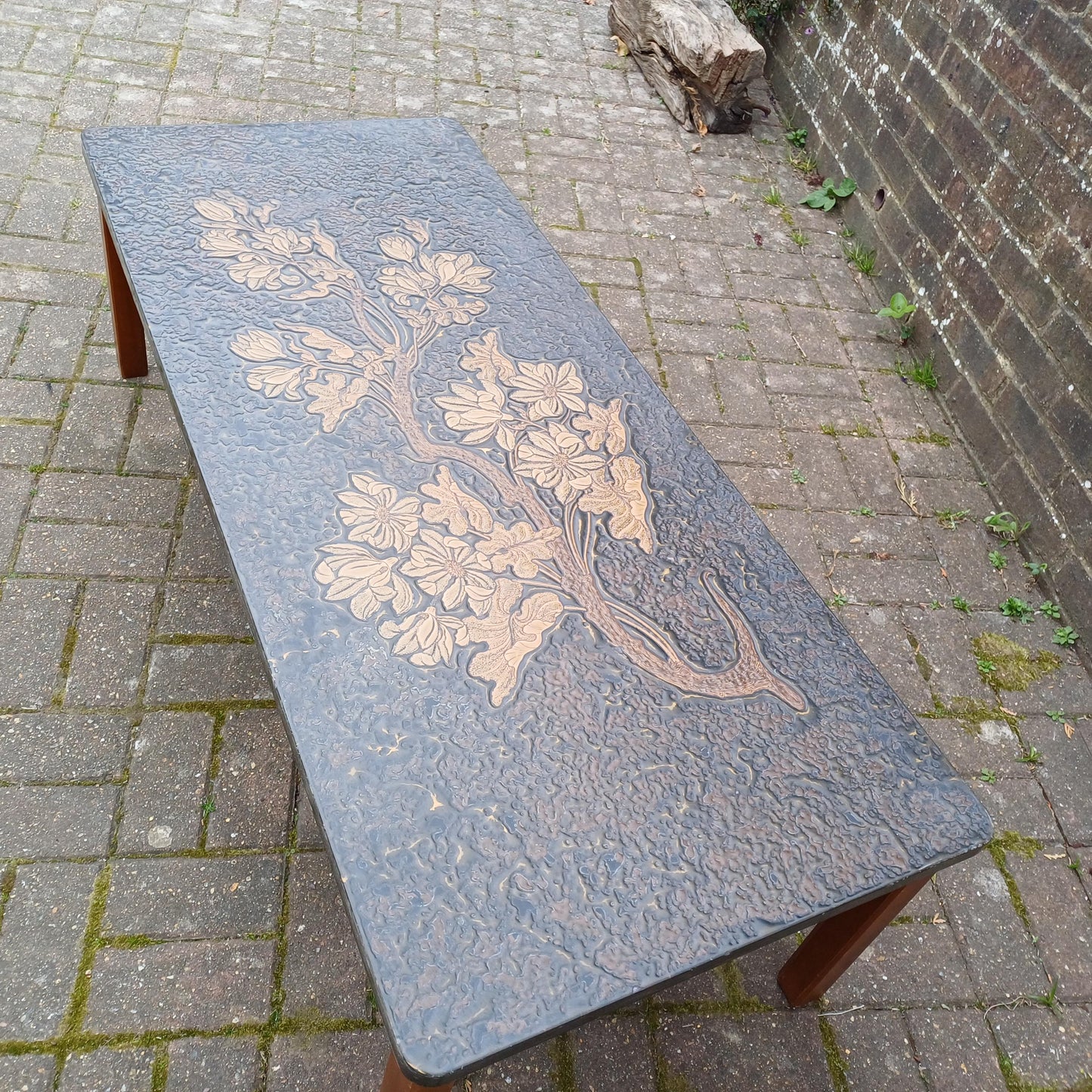 Huge Mid-Century Retro Sculpted Coffee Table 1970s Floral Relief Top Brutalist Art Nouveau Style Gold Bronze Resin FREE HAND Delivery