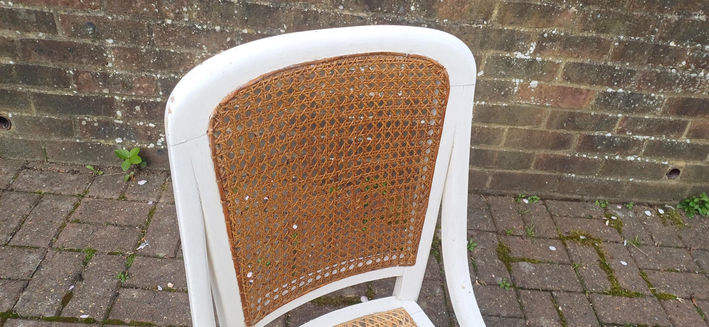 Vintage White Painted Victorian Cane Chair French Country Style with Curved Frame