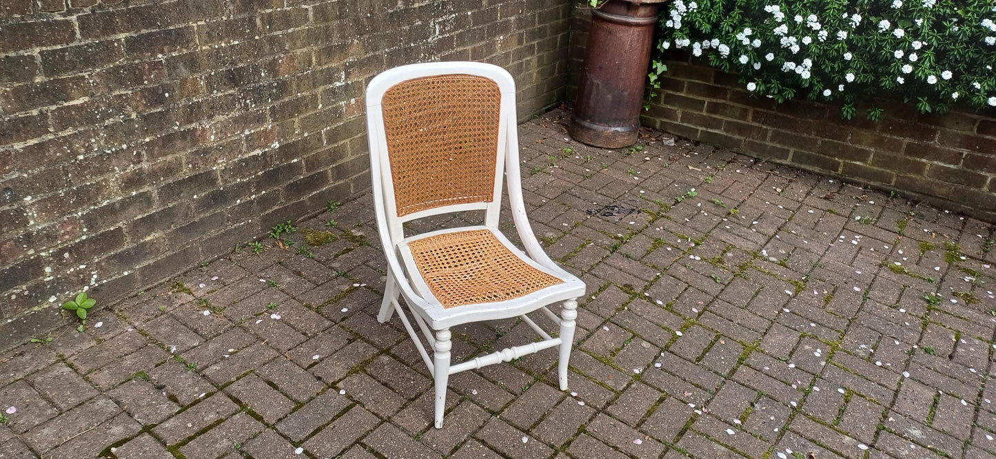 Vintage White Painted Victorian Cane Chair French Country Style with Curved Frame