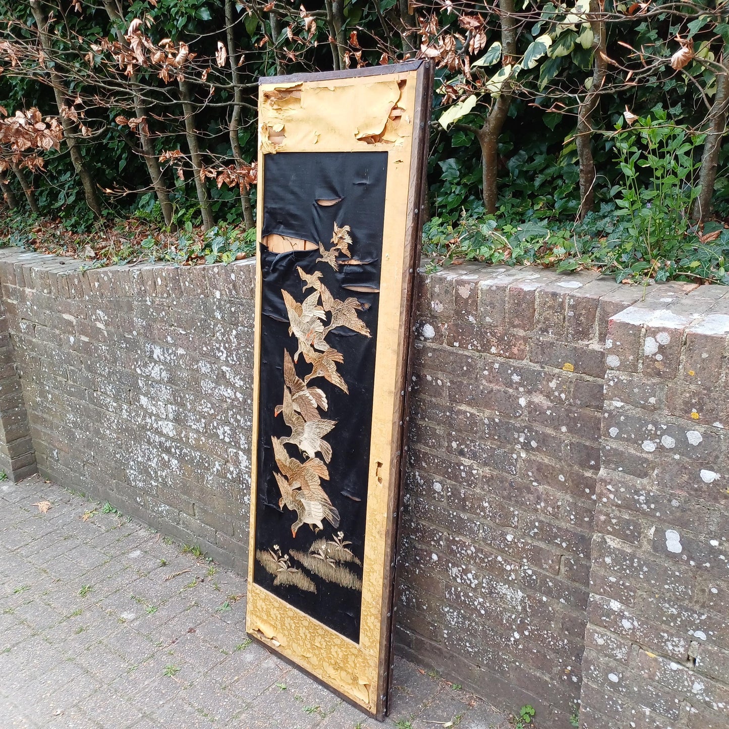 Vintage Double-Sided Folding Screen 2 Panel Room Divider Gold Floral Fabric & Embroidered Birds Chinoiserie Style Antique FREE HAND Delivery