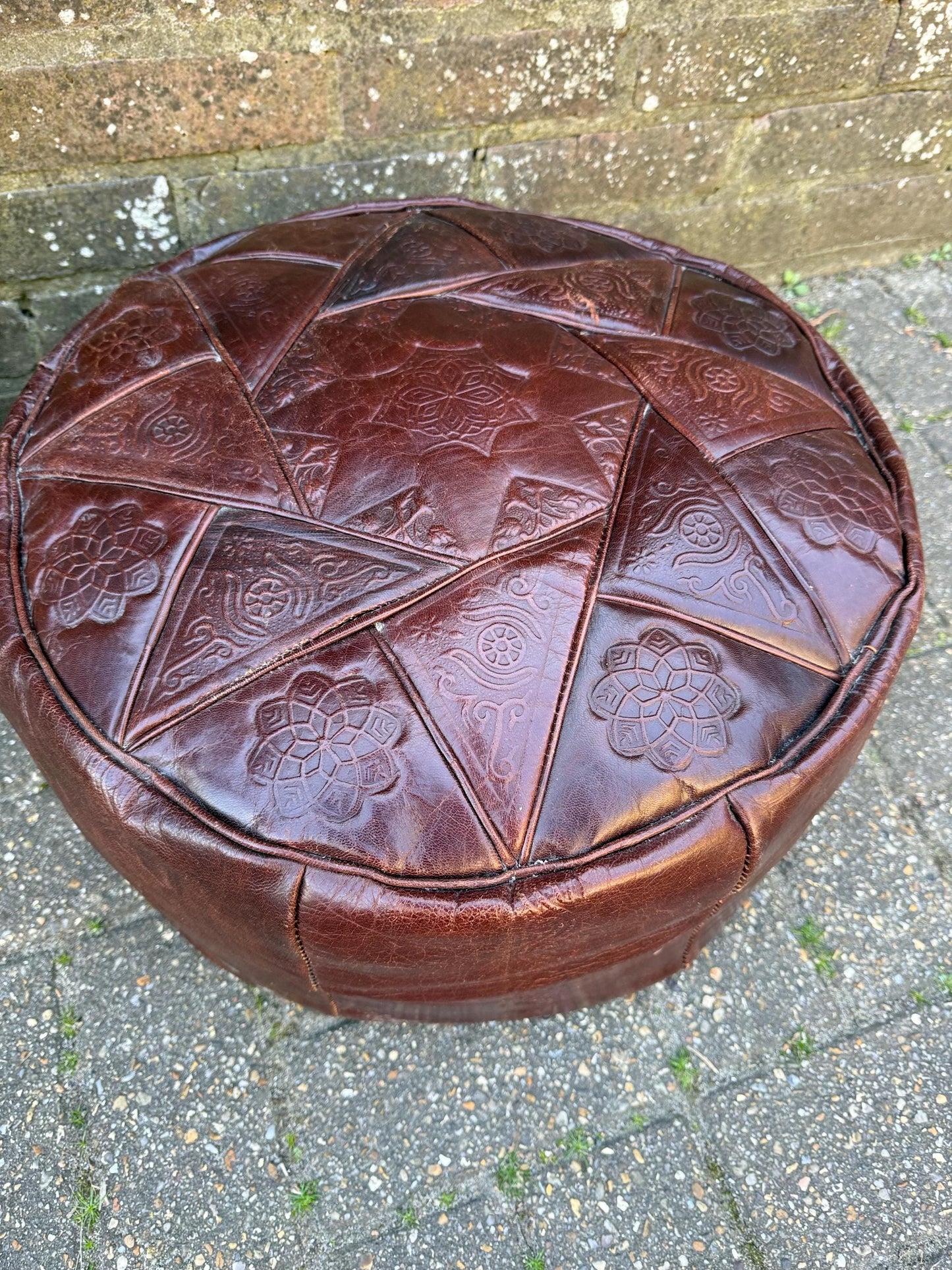 1970s retro leather pouf, vintage retro leather brown pouf, vintage beanbag - vgc