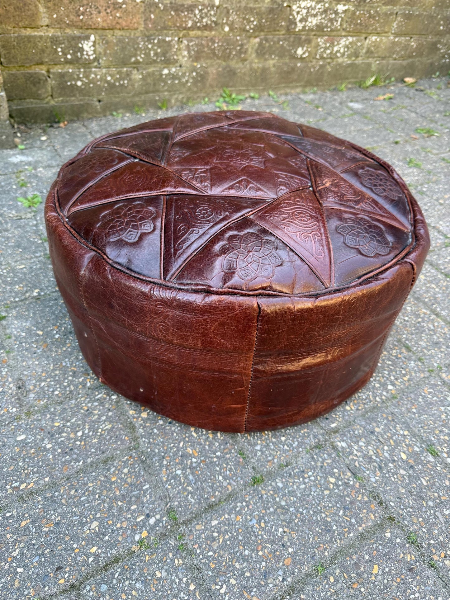 1970s retro leather pouf, vintage retro leather brown pouf, vintage beanbag - vgc