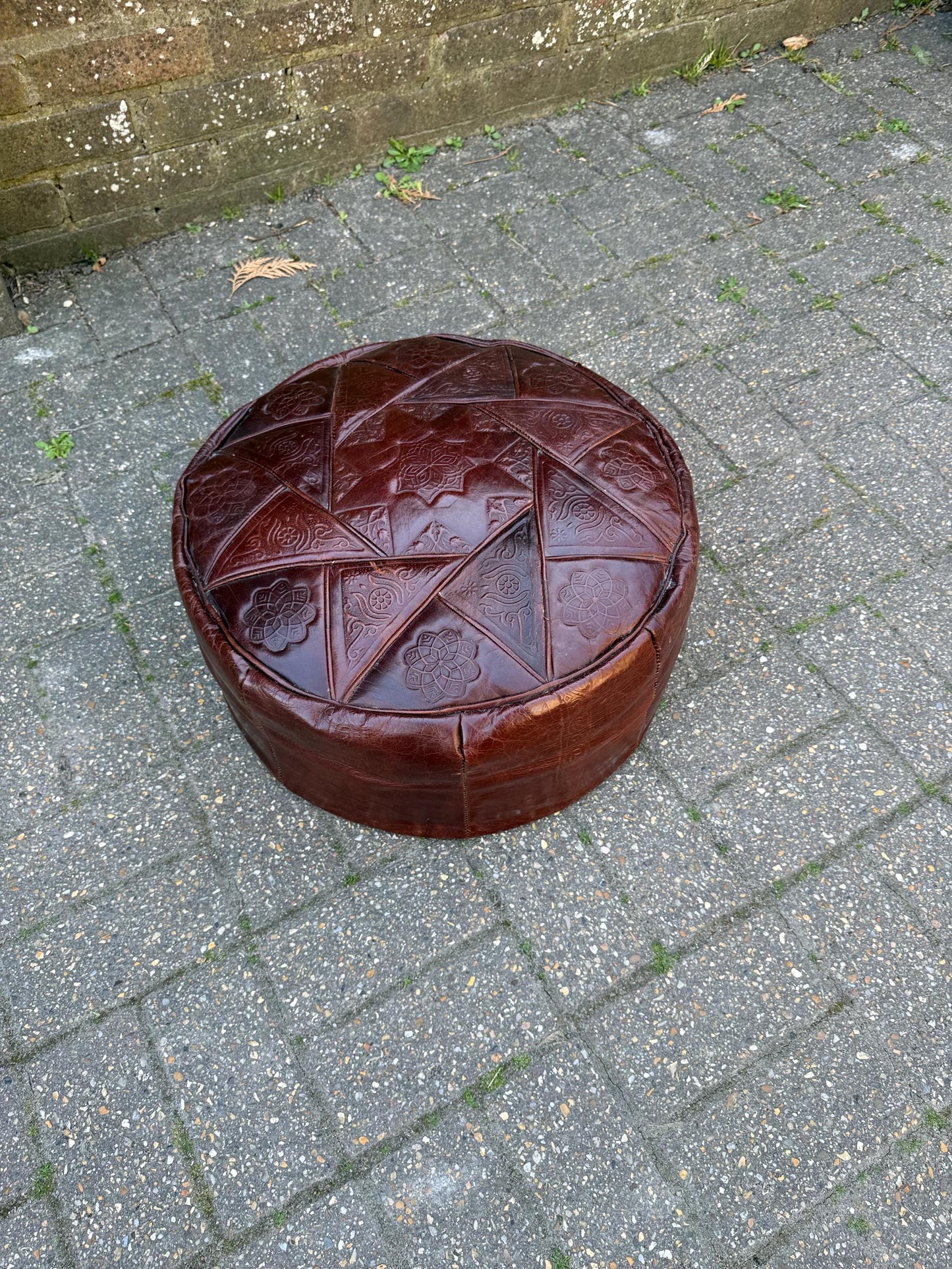 1970s retro leather pouf, vintage retro leather brown pouf, vintage beanbag - vgc
