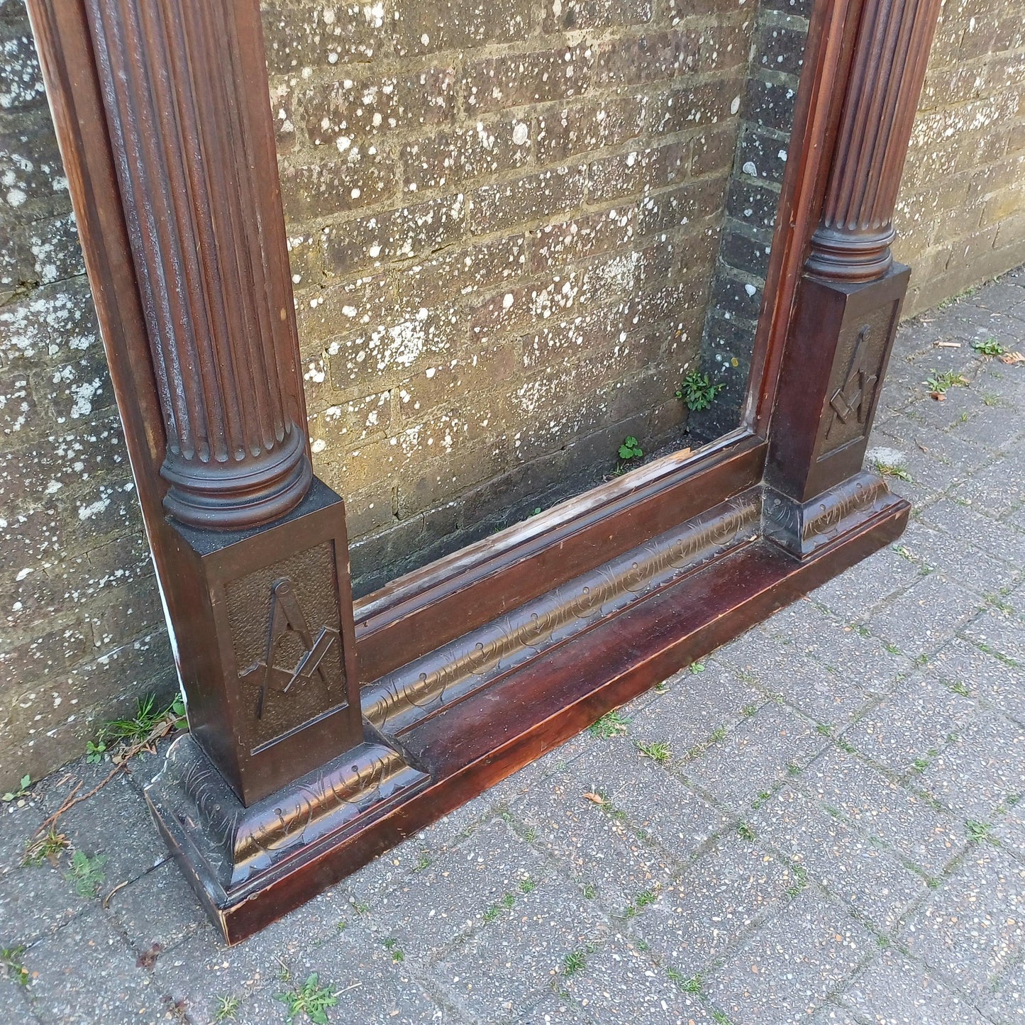 Huge Rare Solid Oak Freemasons Architectural Frame Neoclassical Columns Emblem Antique Lodge Furniture Mirror Surround FREE HAND Delivery