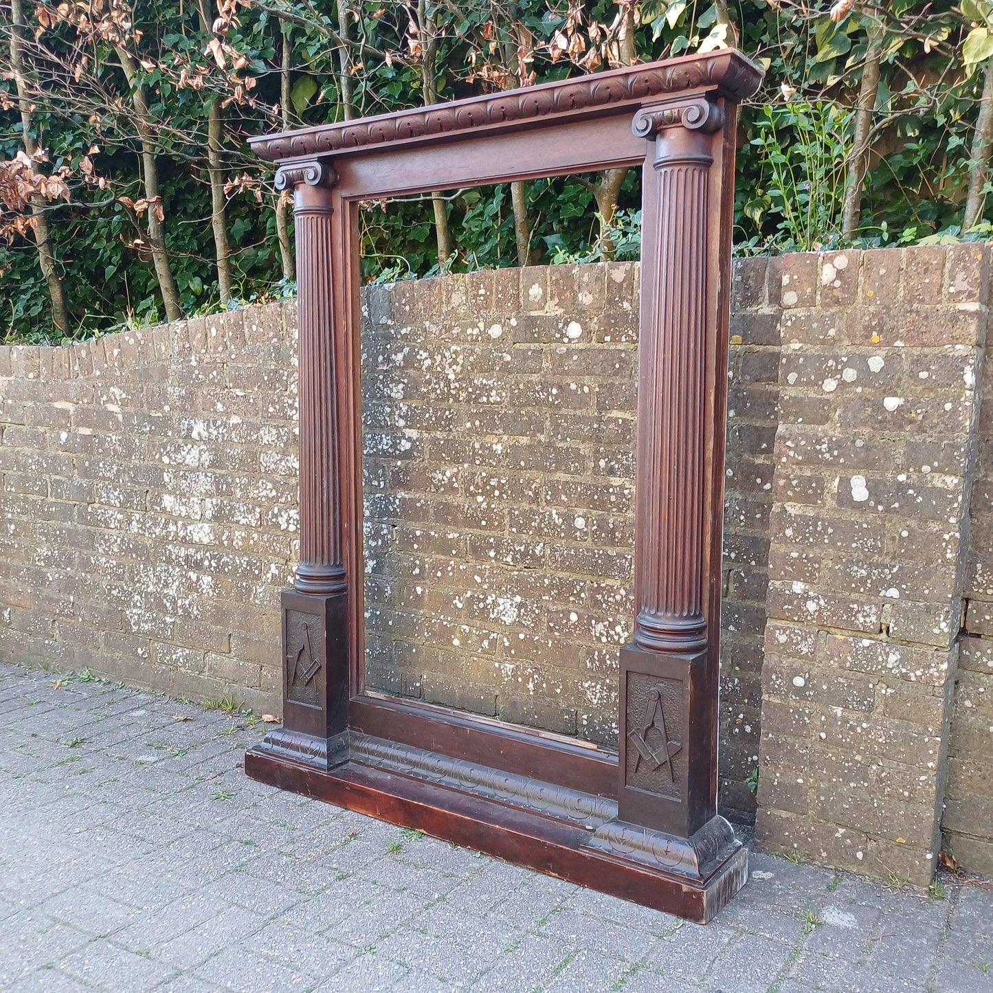 Huge Rare Solid Oak Freemasons Architectural Frame Neoclassical Columns Emblem Antique Lodge Furniture Mirror Surround FREE HAND Delivery